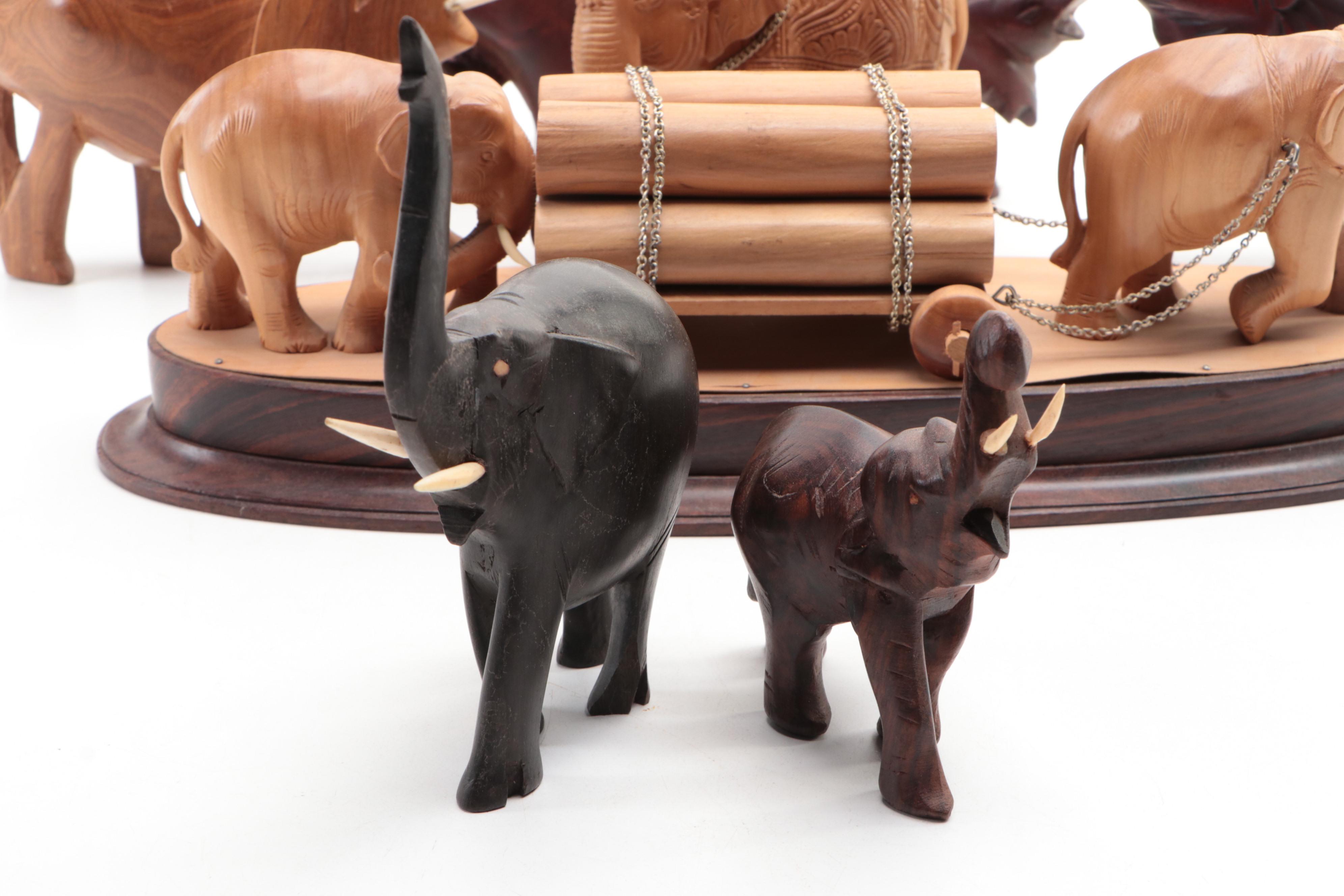 Handmade Carved Wood Elephant Figures