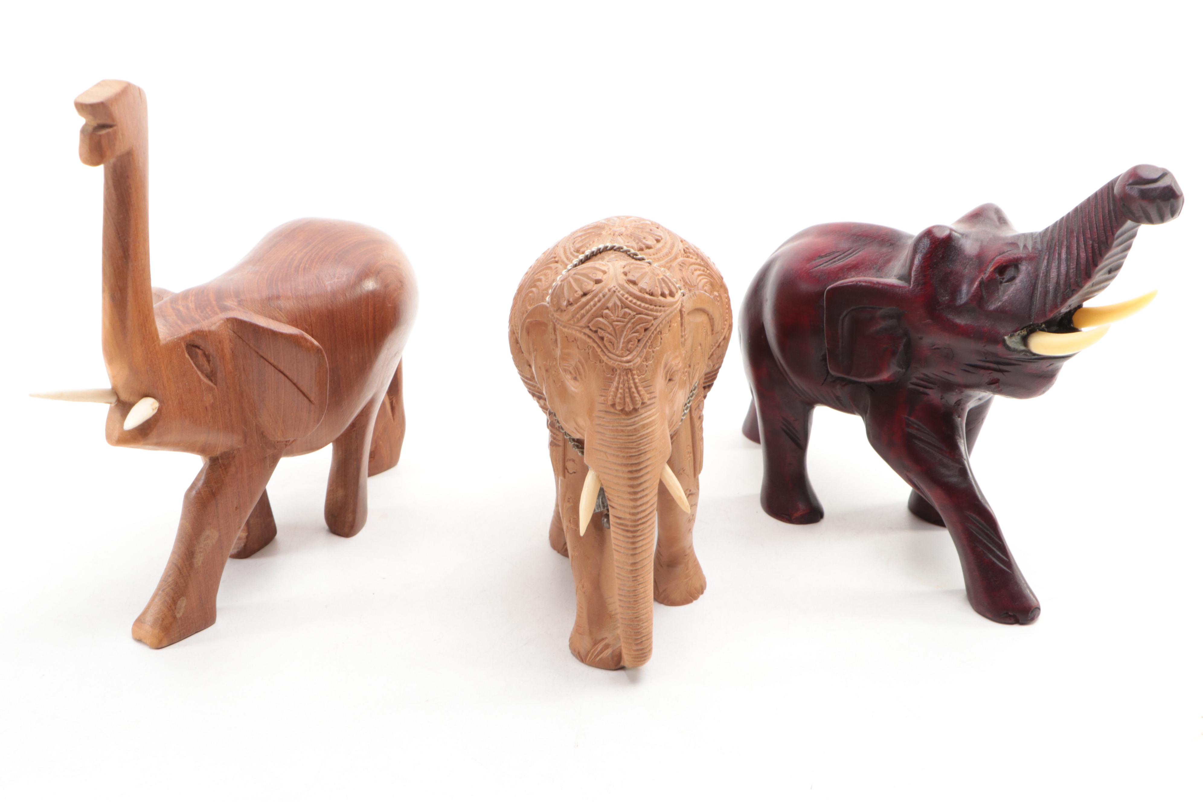 Handmade Carved Wood Elephant Figures