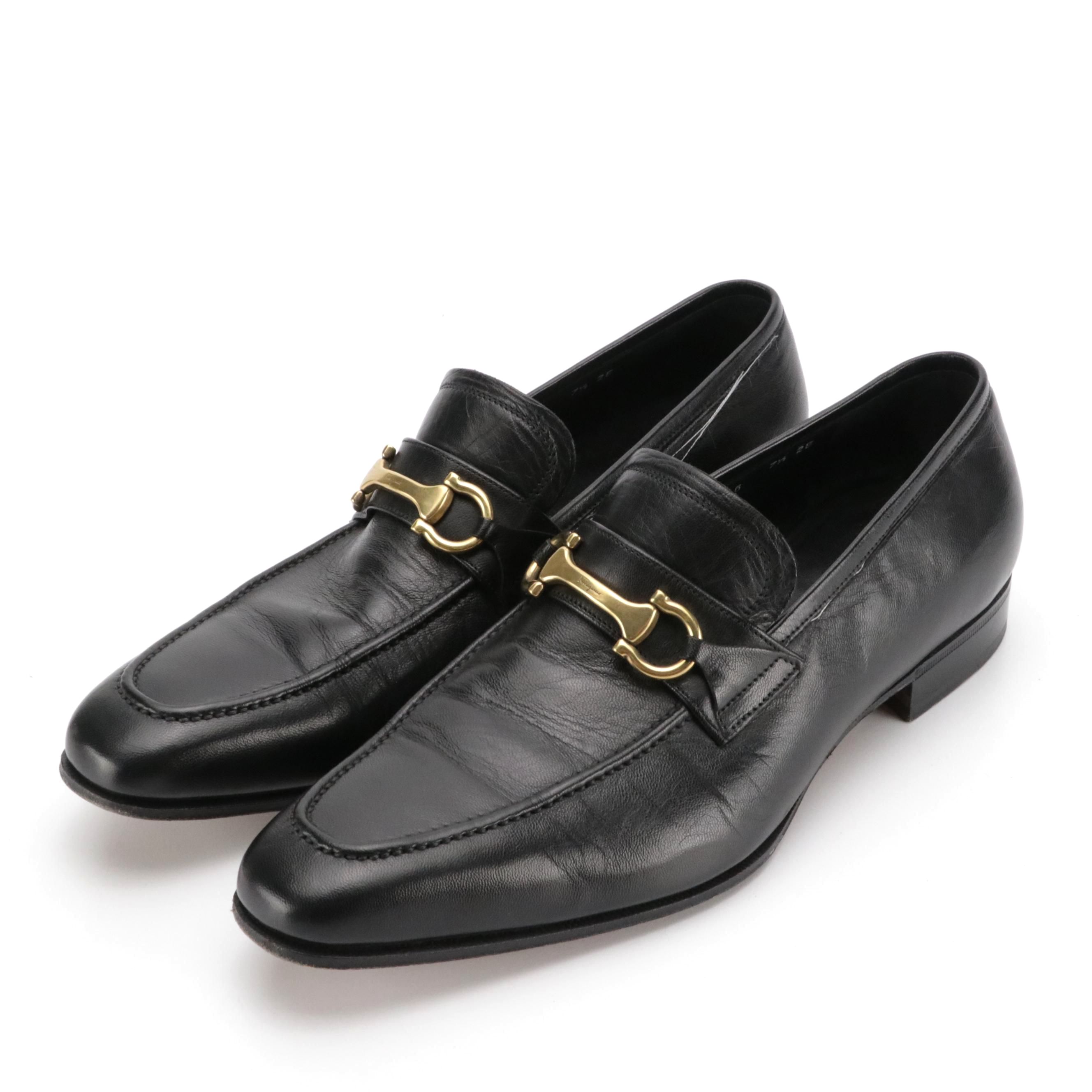 Salvatore Ferragamo Black Lambskin Leather Gancini HorseBit Loafers