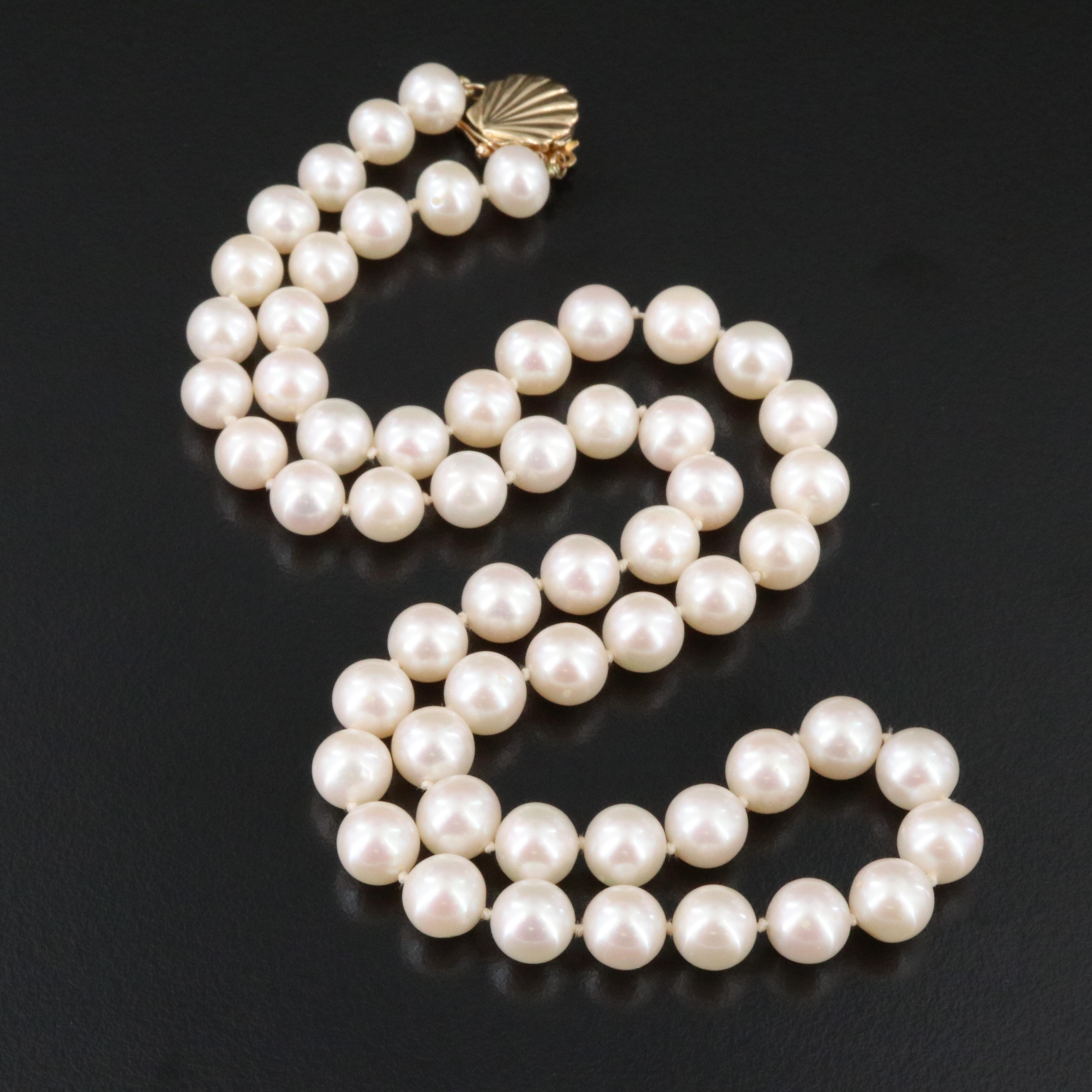 Pearl Necklace with 14K Shell Clasp