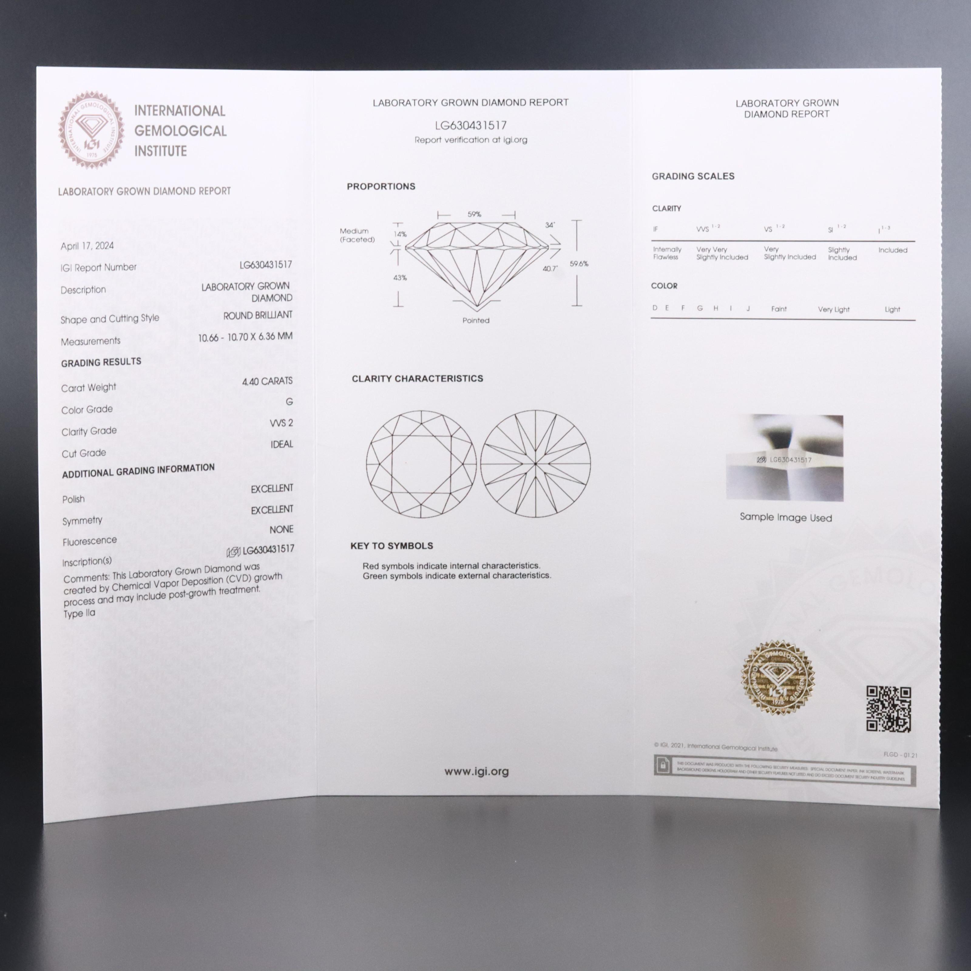 Loose 4.40 CT Lab Grown Diamond with IGI Report