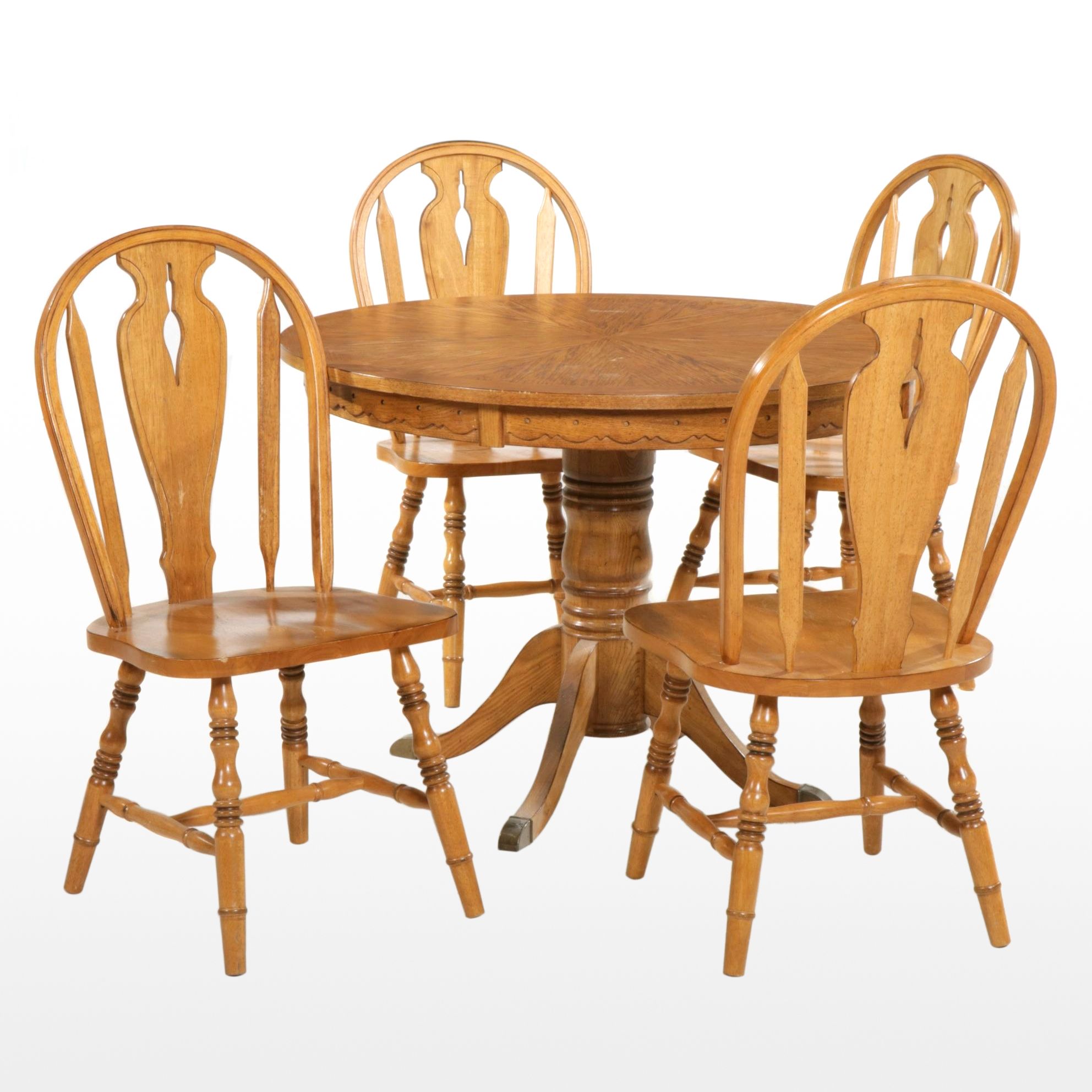 Round Oak Pedestal Dining Table with Four Chairs