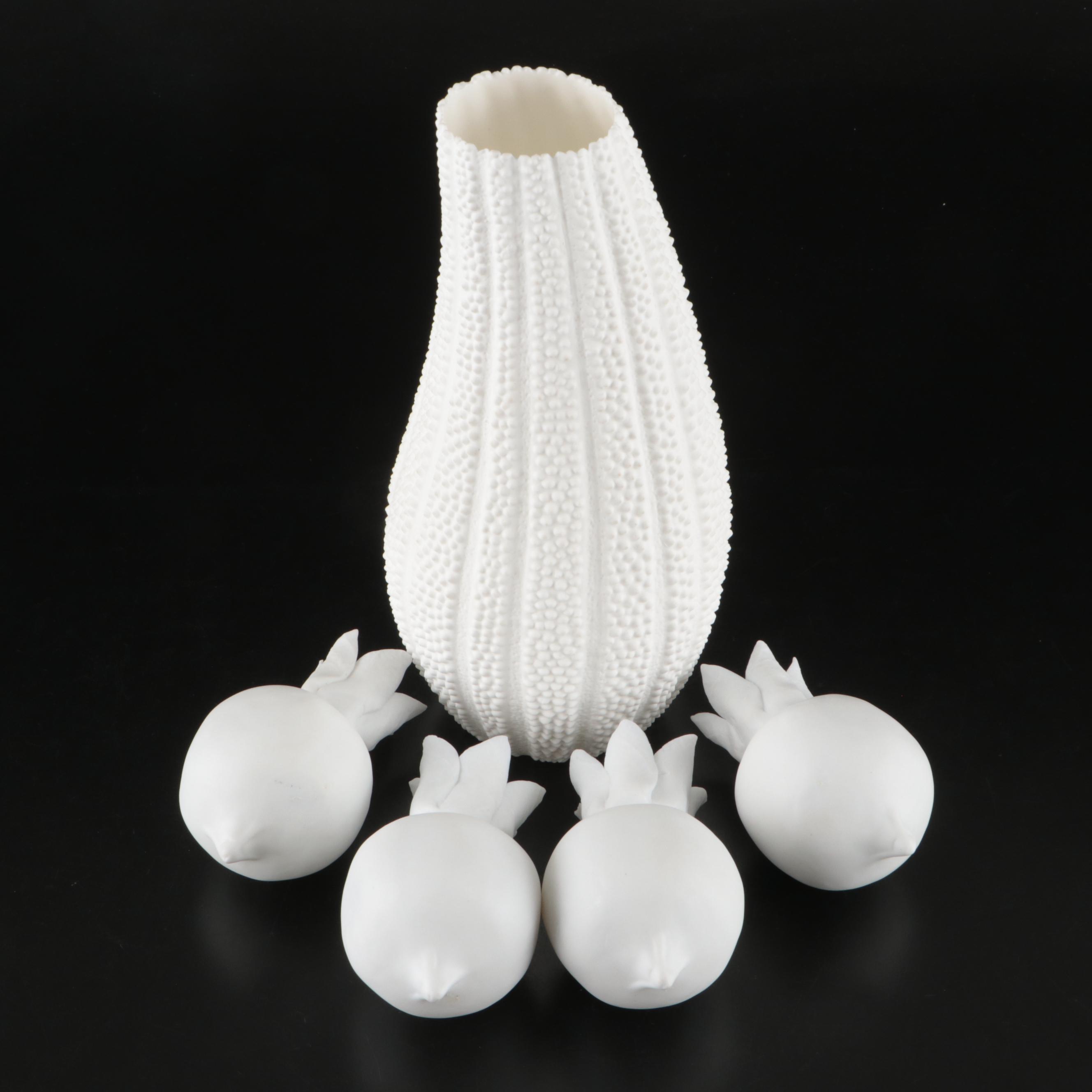 Anthropologie Textured Bone China Sea Urchin Vase with Ceramic Pomegranates