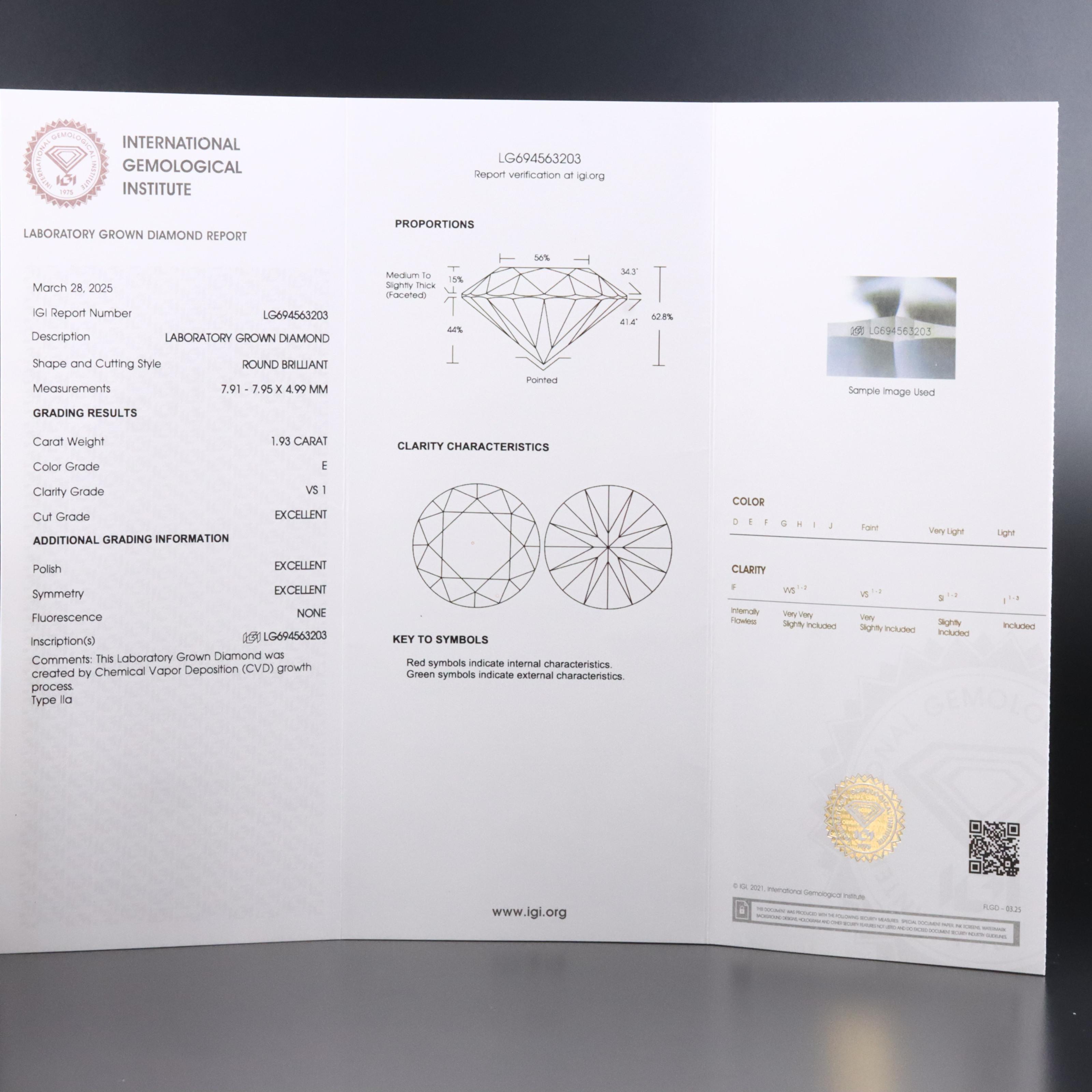 Loose 1.93 CT Lab Grown Diamond with IGI Report