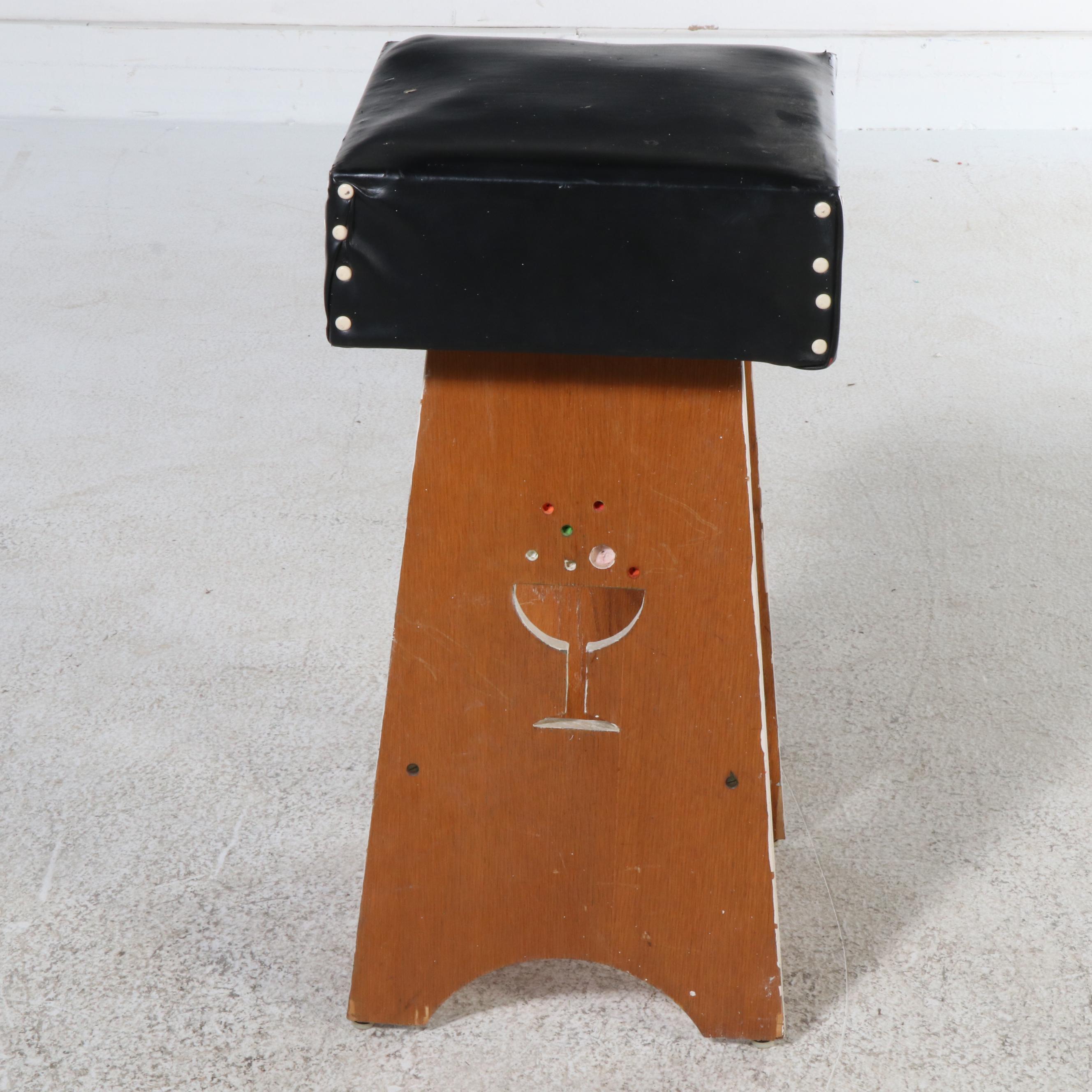 Set of Four Mid Century Style Embellished Wooden Barstools with Vinyl Seats