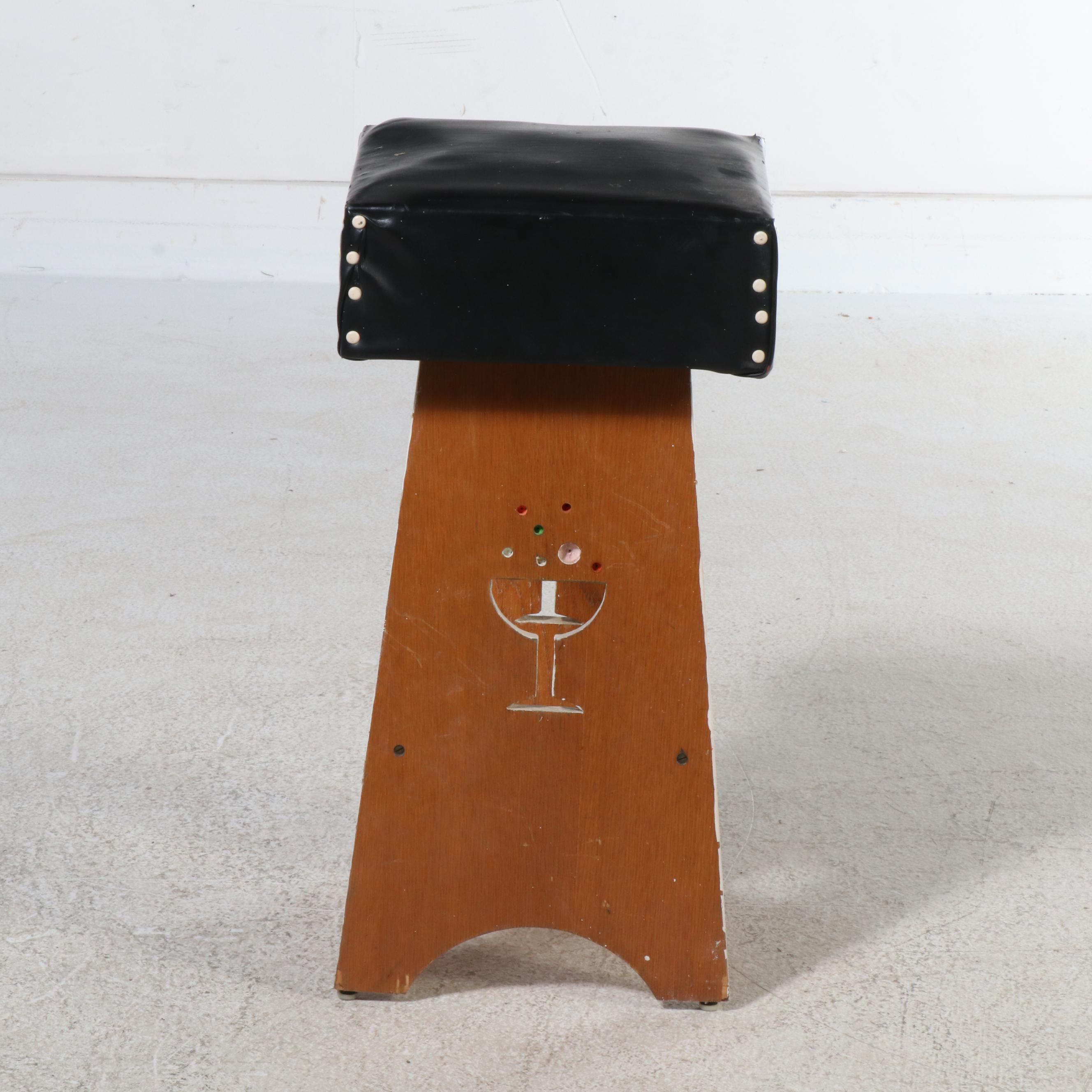 Set of Four Mid Century Style Embellished Wooden Barstools with Vinyl Seats