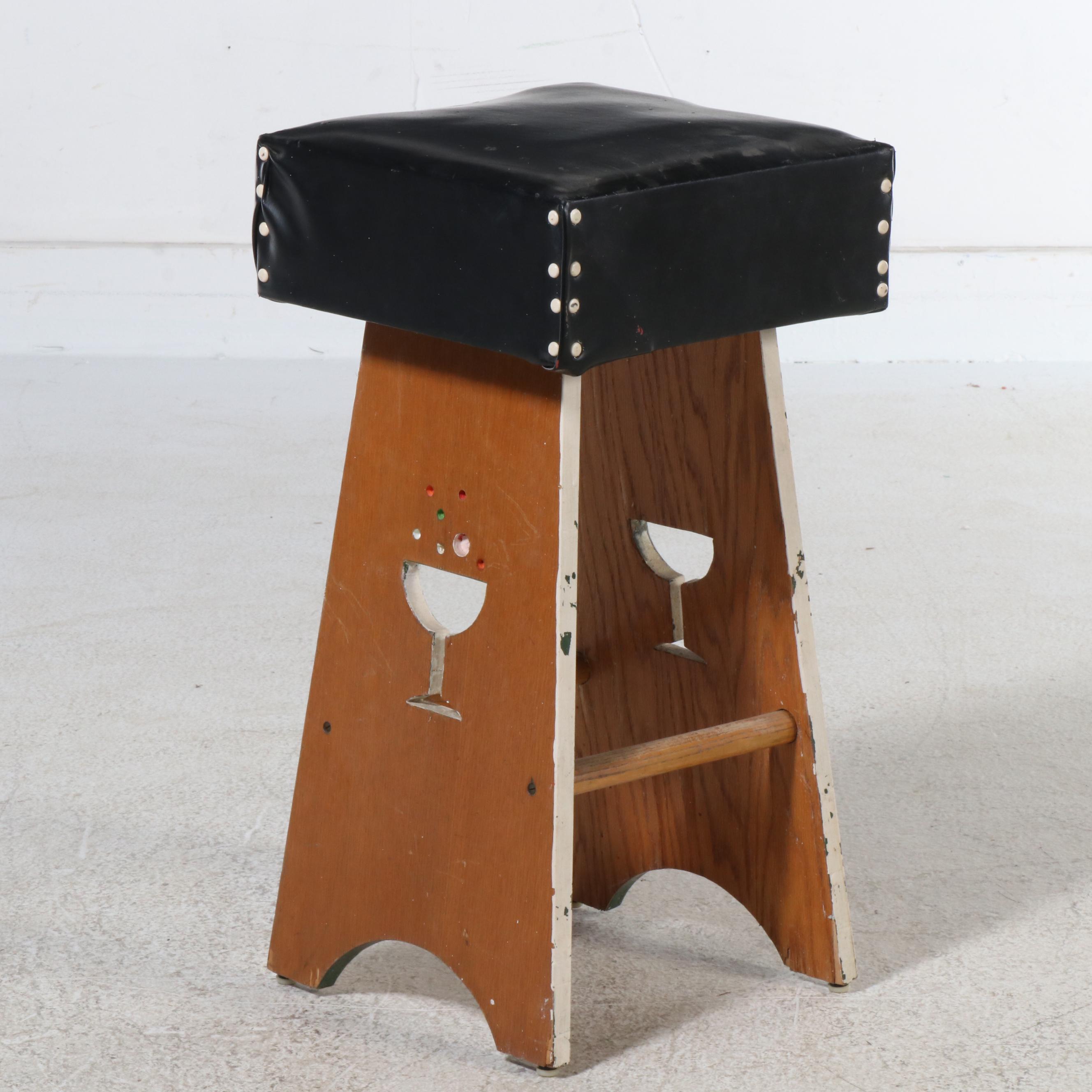 Set of Four Mid Century Style Embellished Wooden Barstools with Vinyl Seats