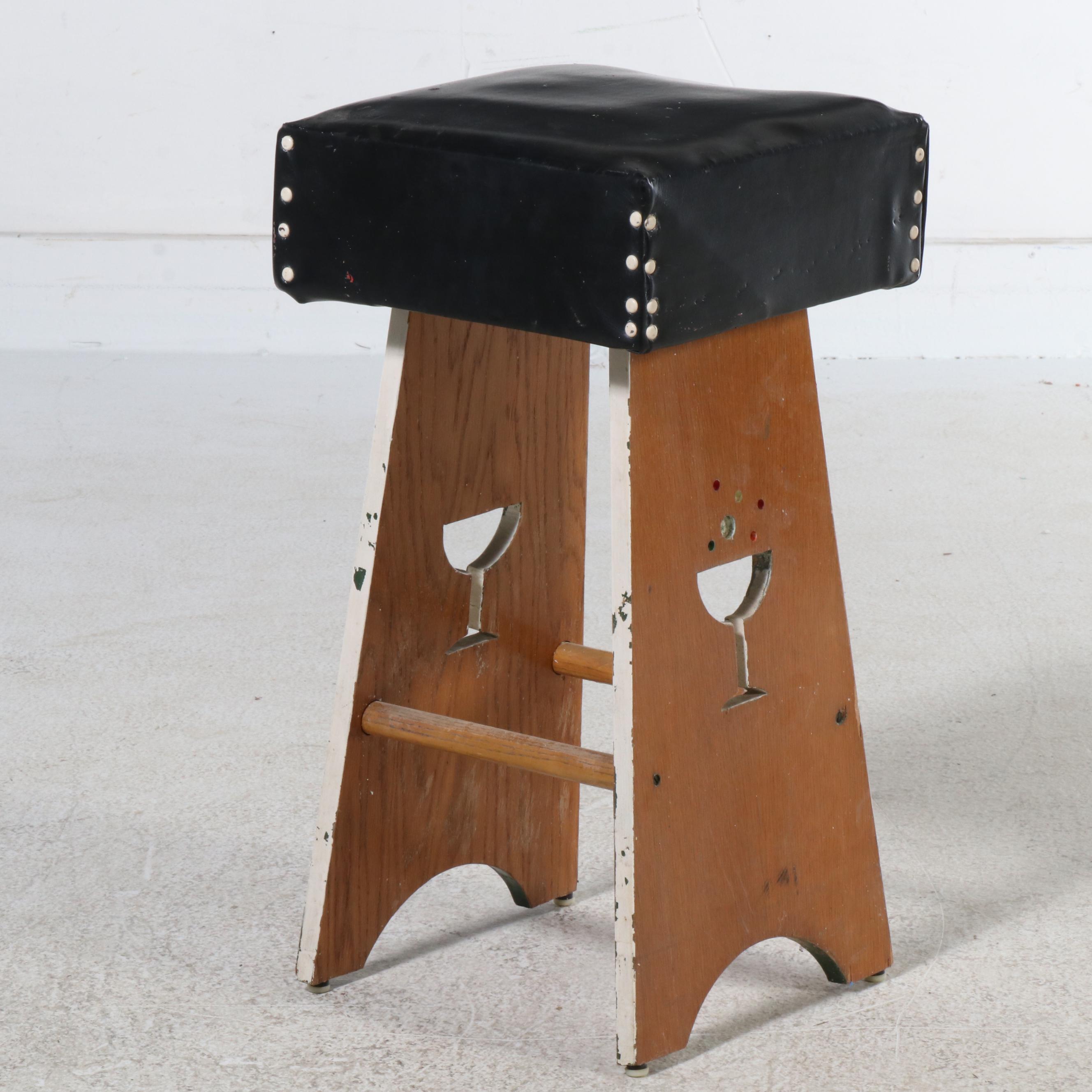 Set of Four Mid Century Style Embellished Wooden Barstools with Vinyl Seats