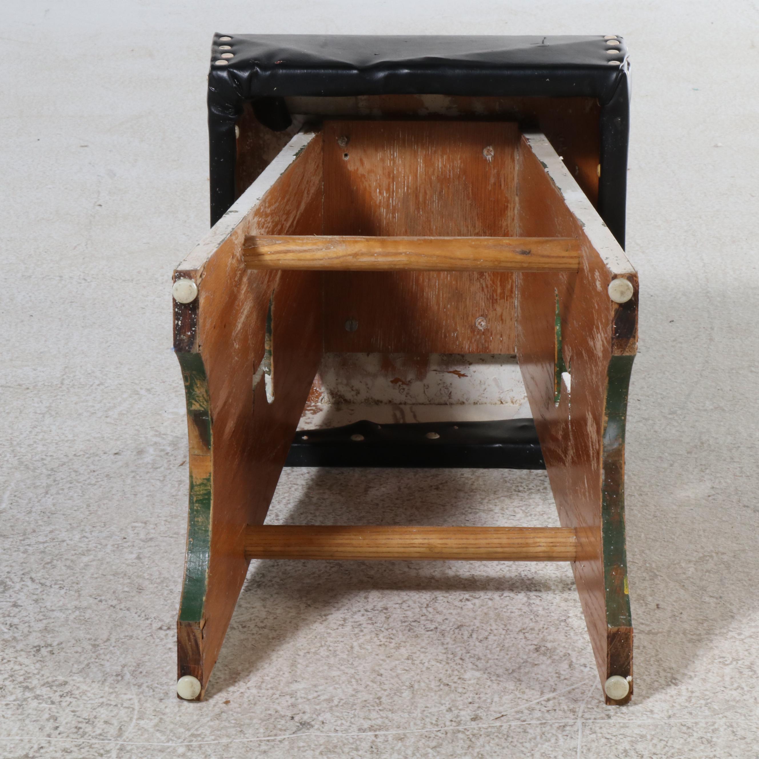 Set of Four Mid Century Style Embellished Wooden Barstools with Vinyl Seats