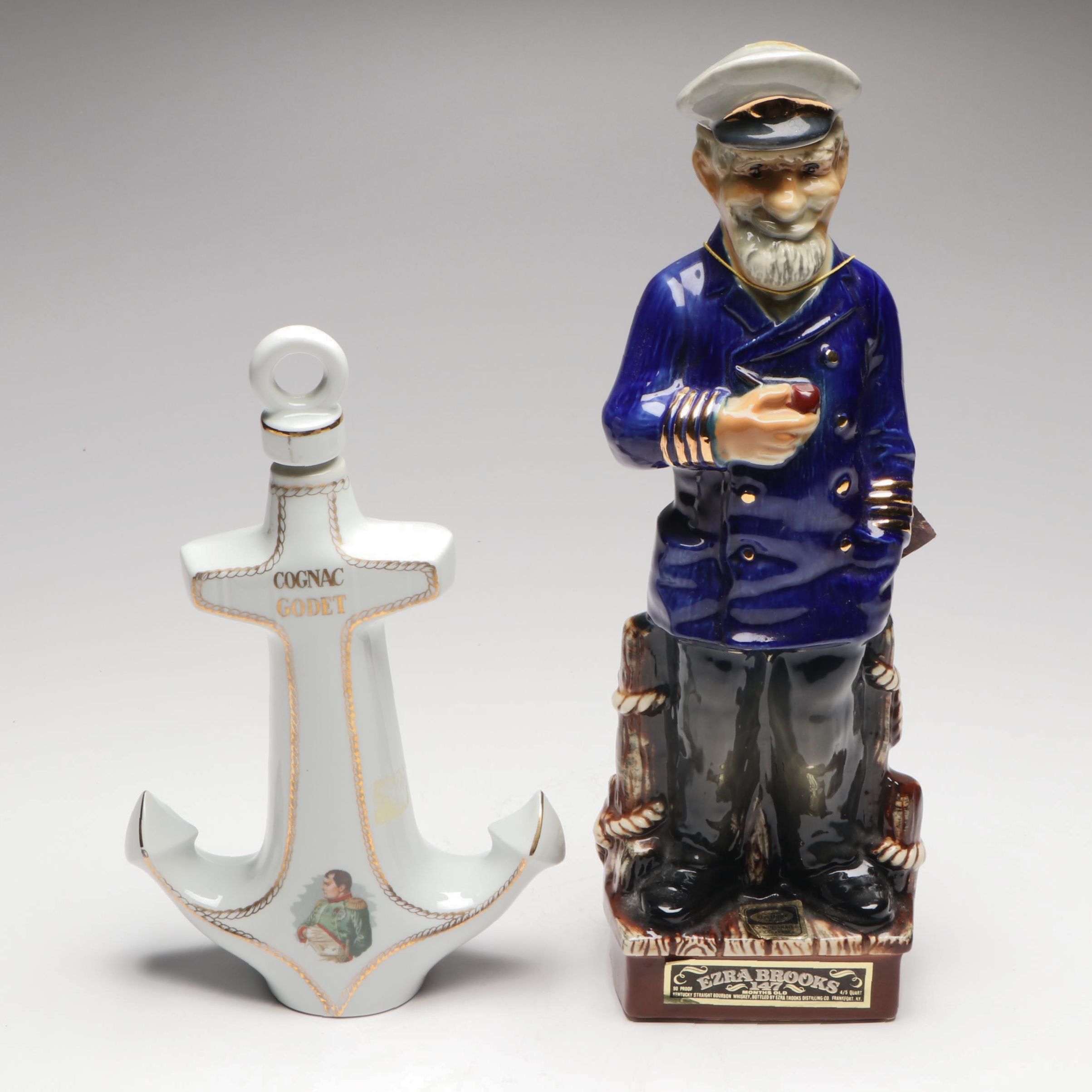 Ezra Brooks Sailor and French Cognac Godet Anchor Gilt Ceramic Decanters
