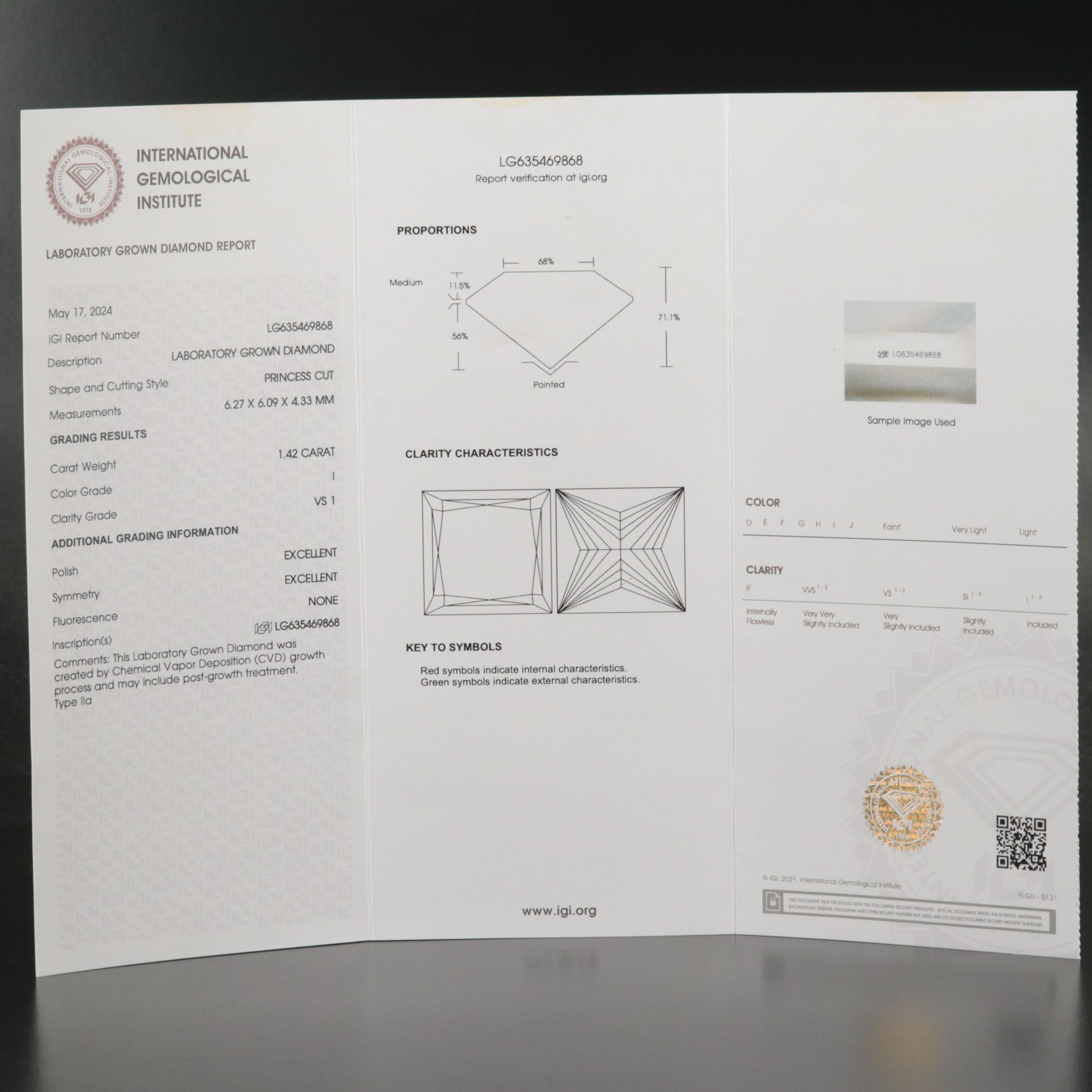 Loose 1.42 CT Lab Grown Diamond with IGI Report