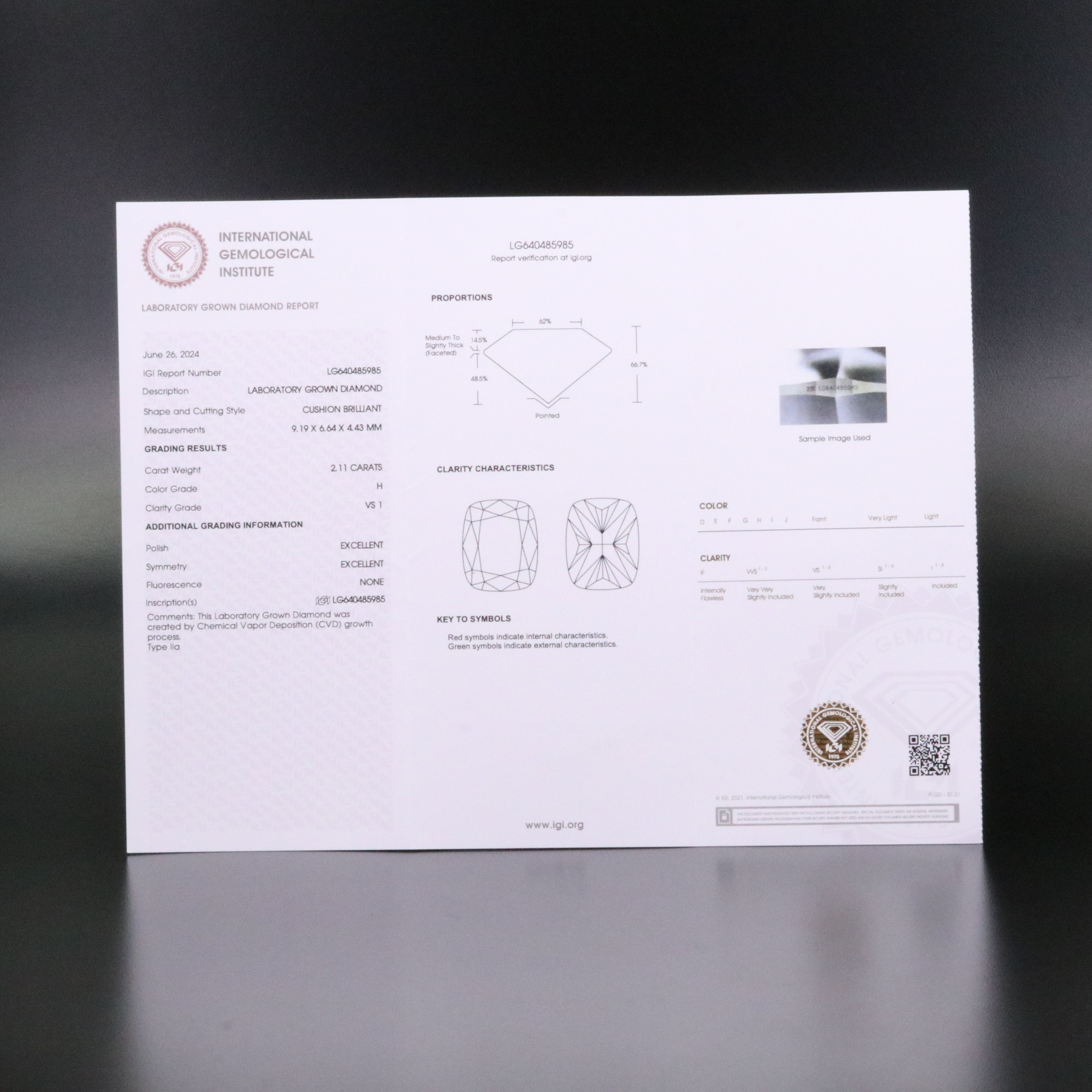 Loose 2.11 CT Lab Grown Diamond with IGI Report