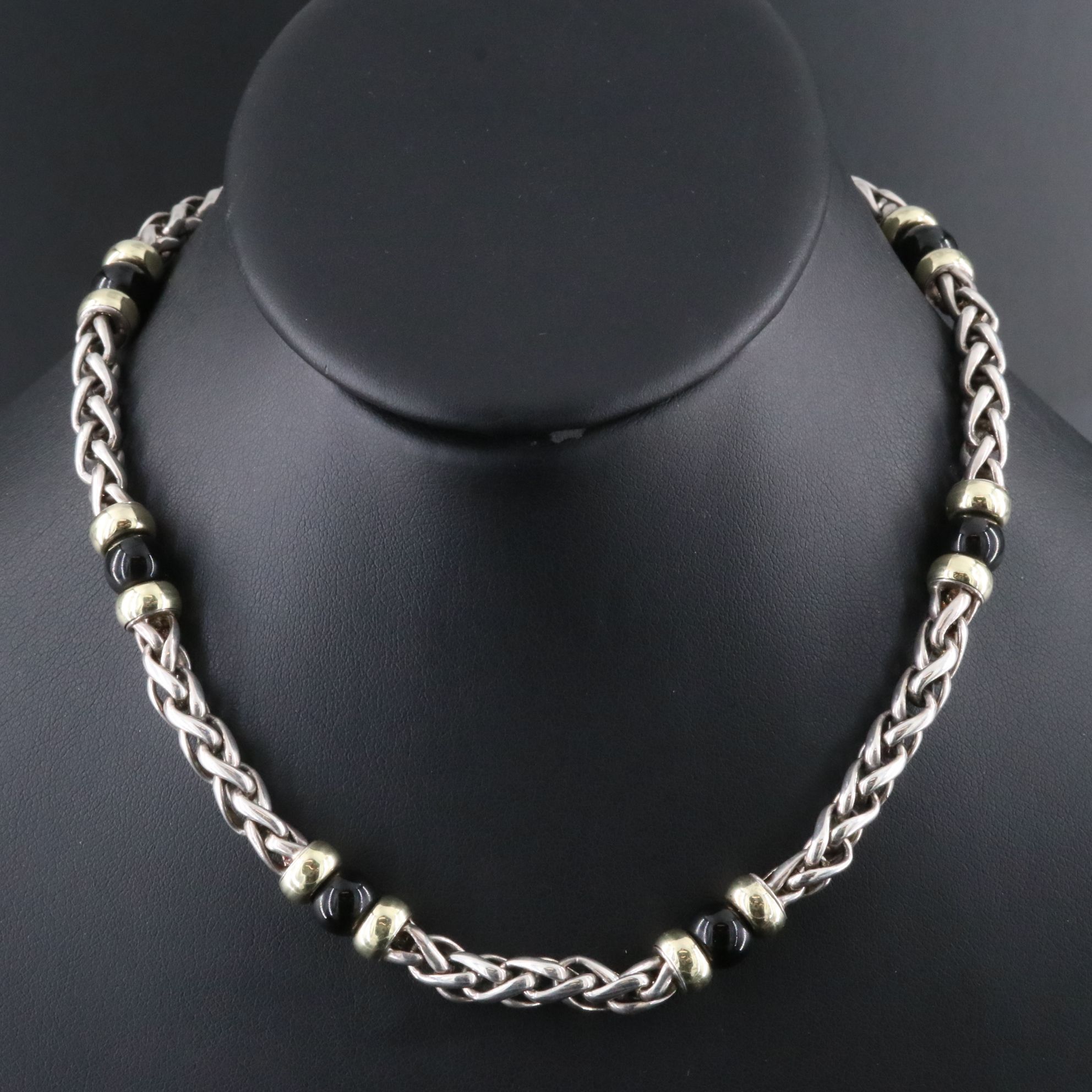 David Yurman Sterling Station Wheat Chain Necklace with 14K Black Onyx Beads