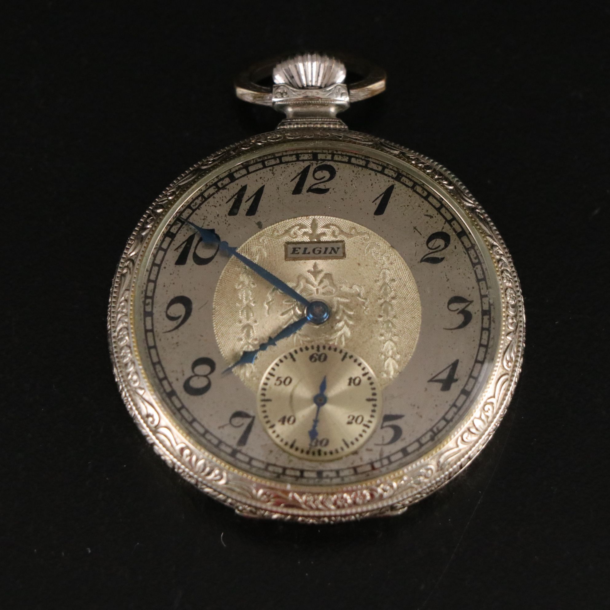 Elgin Antique Open Face Pocket Watch Features Nickel Damasking Around Face, 1923