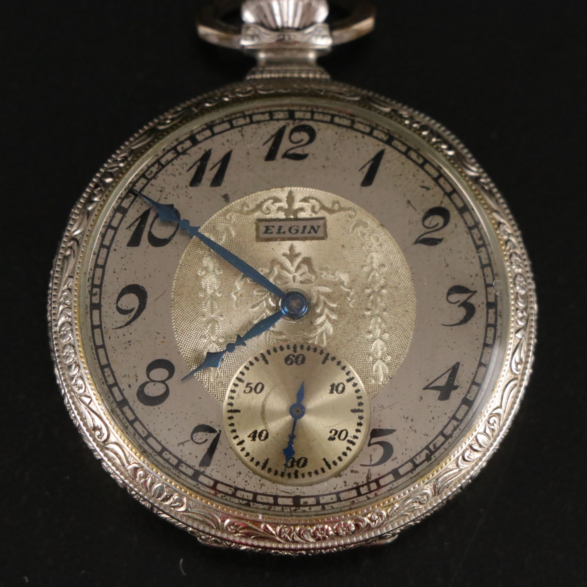 Elgin Antique Open Face Pocket Watch Features Nickel Damasking Around Face, 1923