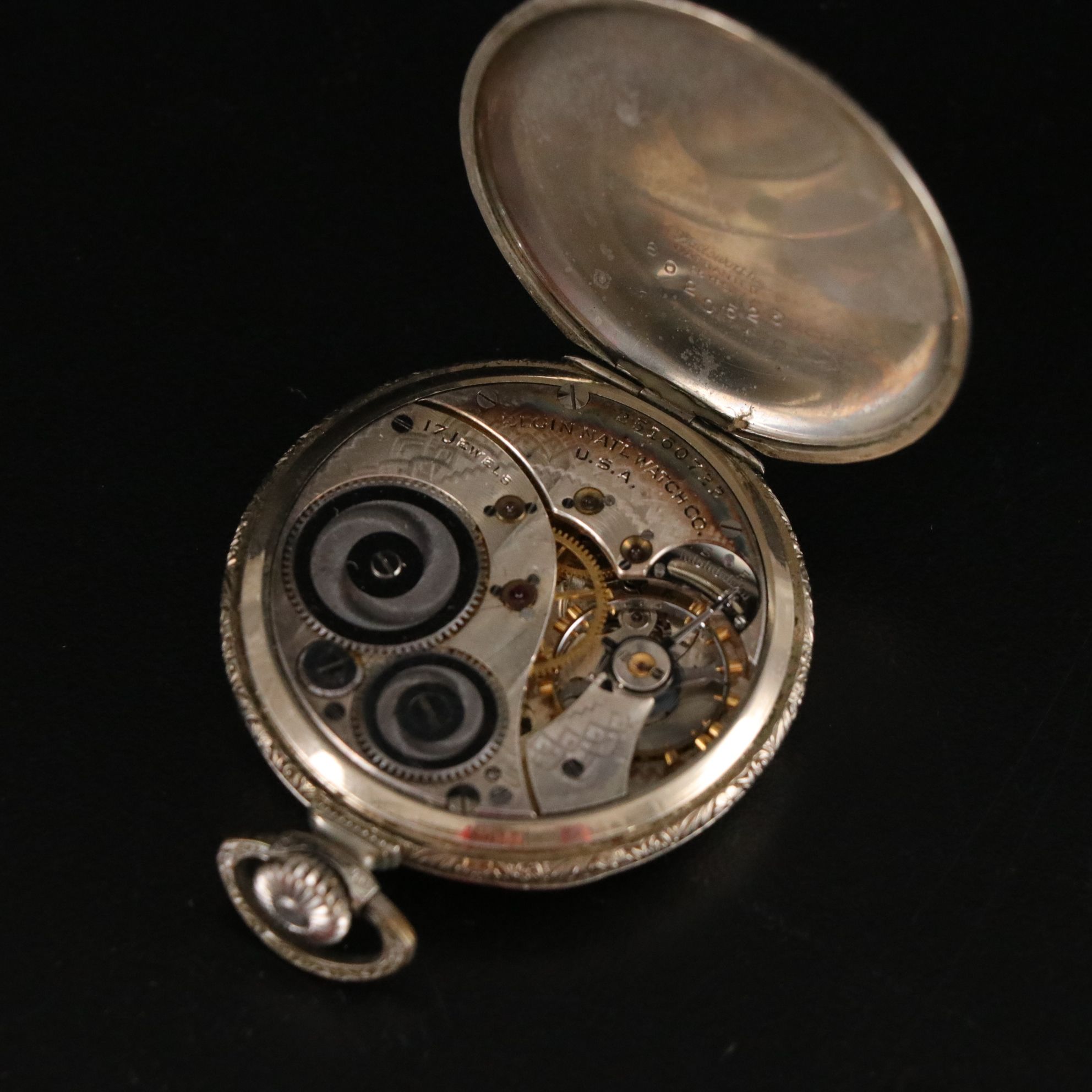 Elgin Antique Open Face Pocket Watch Features Nickel Damasking Around Face, 1923