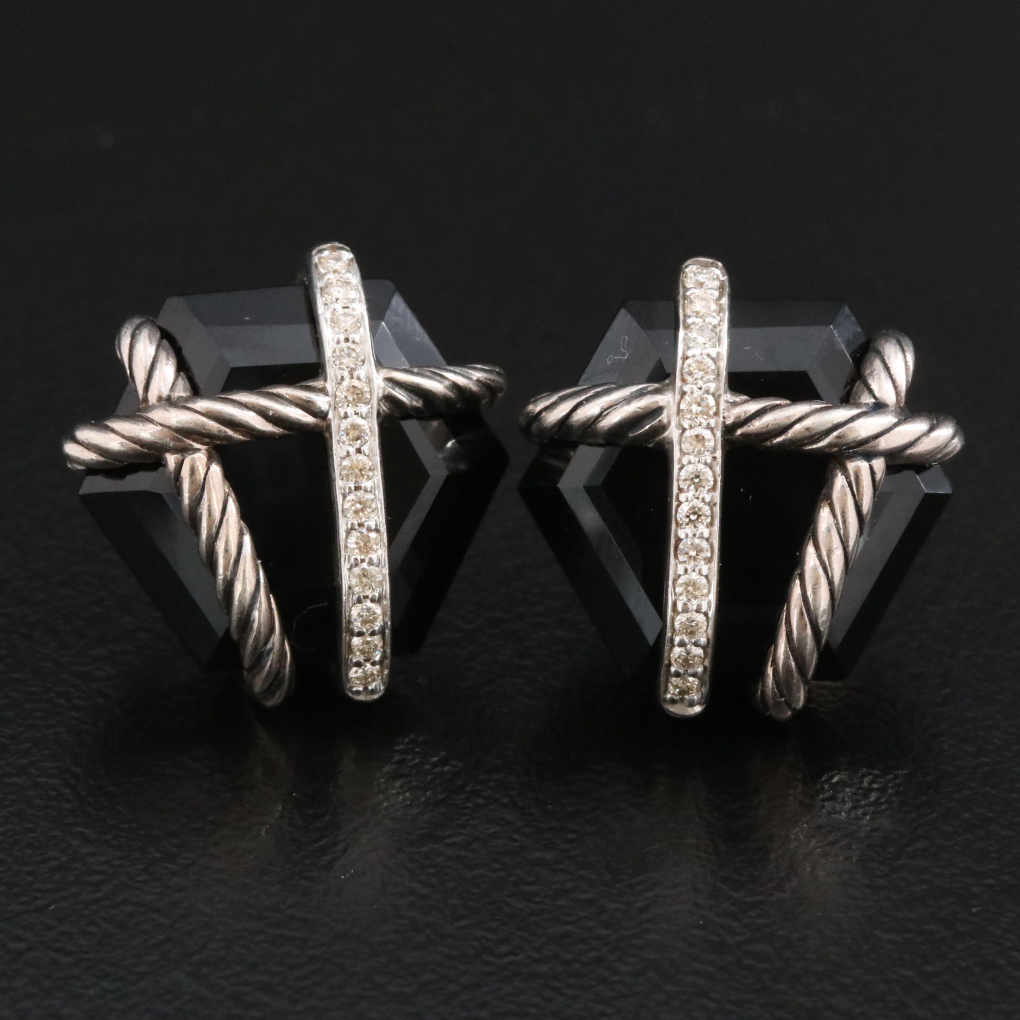 David Yurman Wrap Sterling, Black Onyx and Diamond Earrings