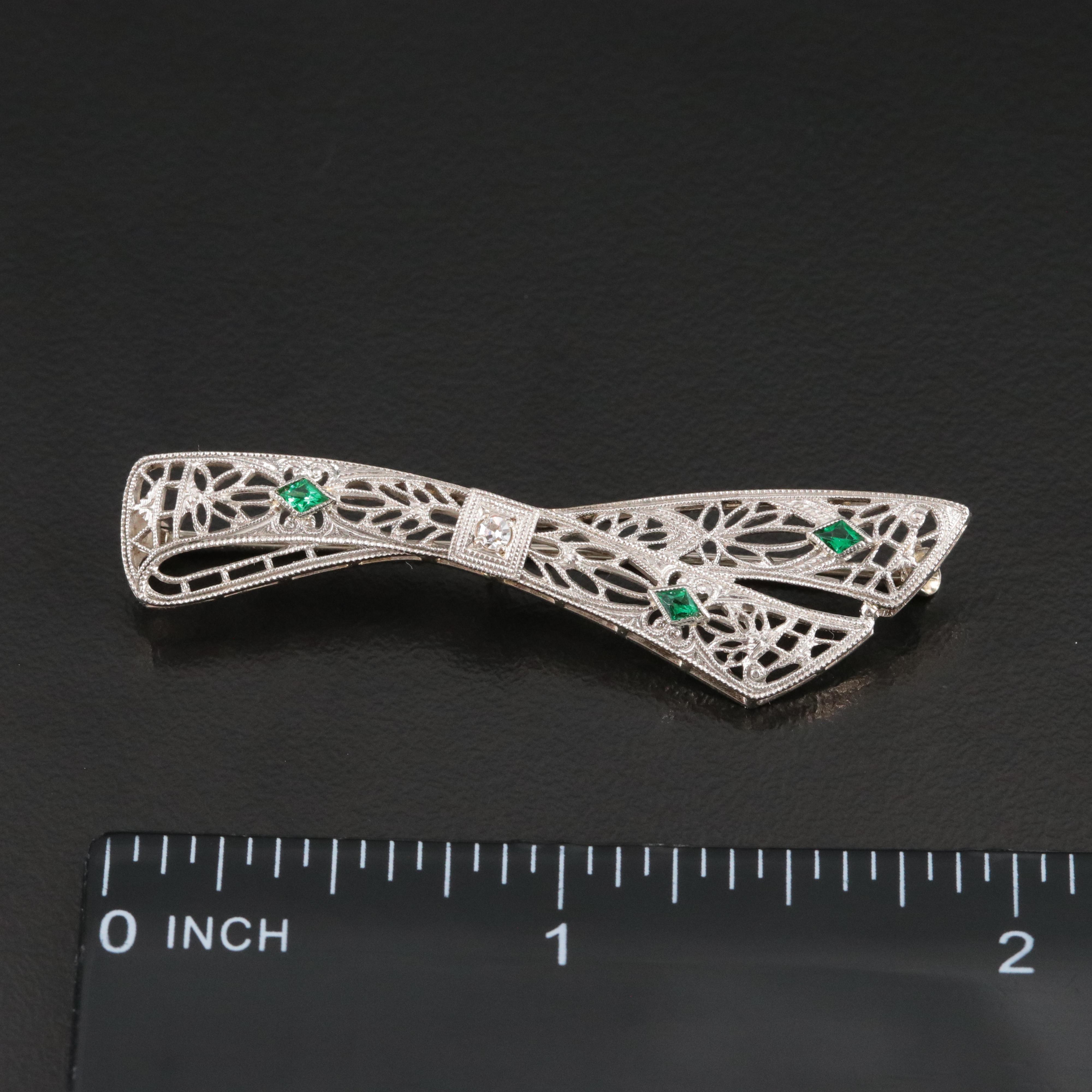 Art Deco 14K Diamond and Glass Ribbon Brooch with Platinum Front