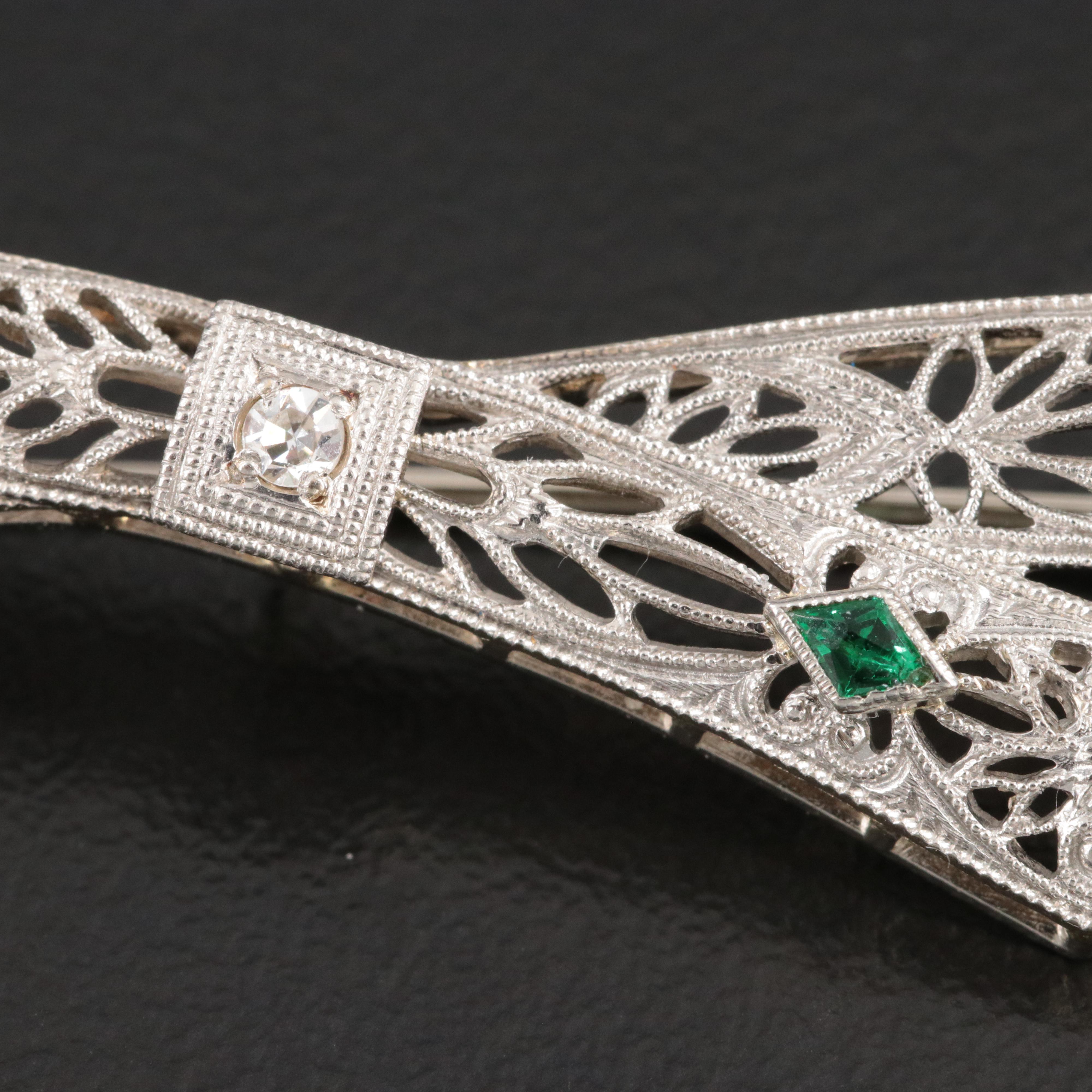 Art Deco 14K Diamond and Glass Ribbon Brooch with Platinum Front