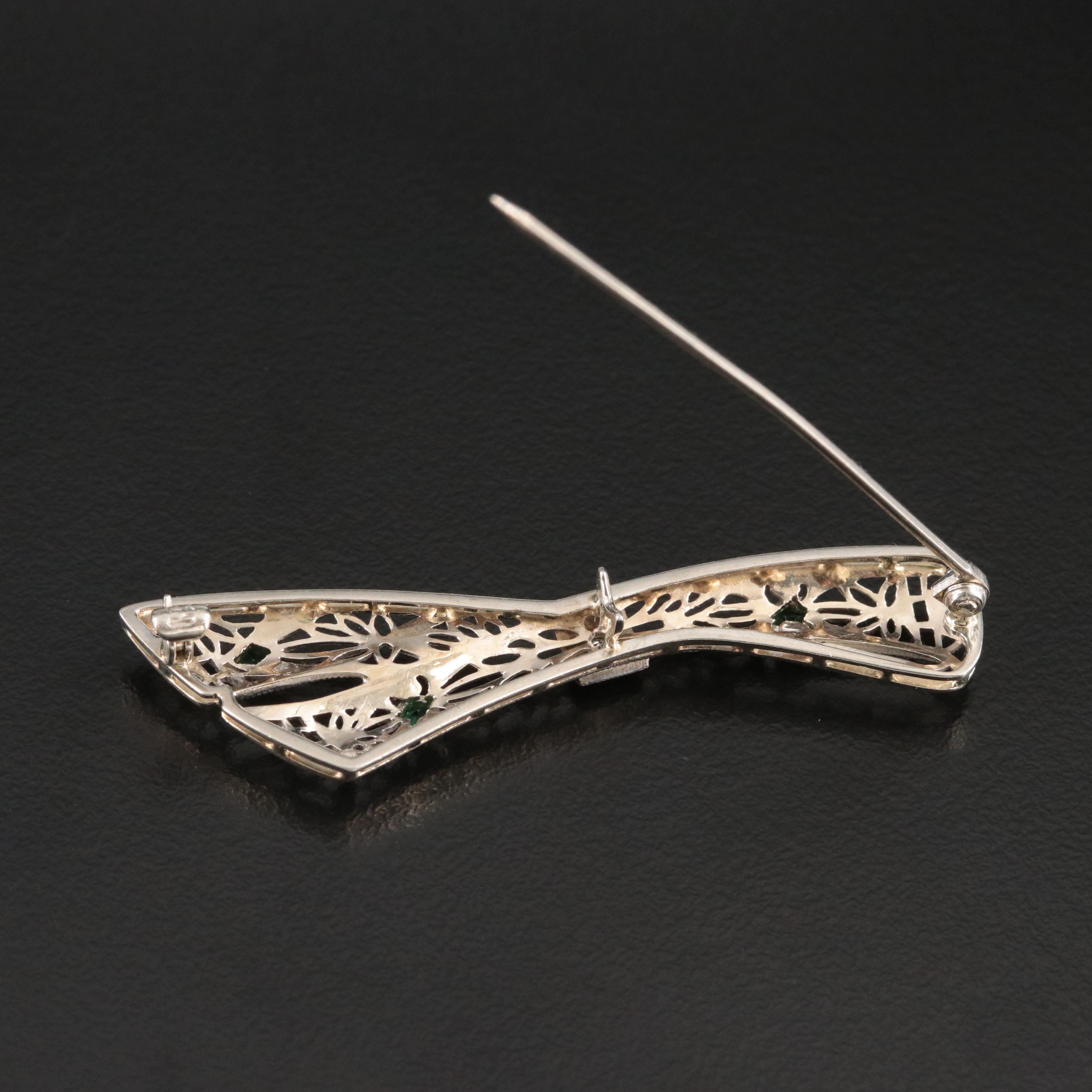 Art Deco 14K Diamond and Glass Ribbon Brooch with Platinum Front