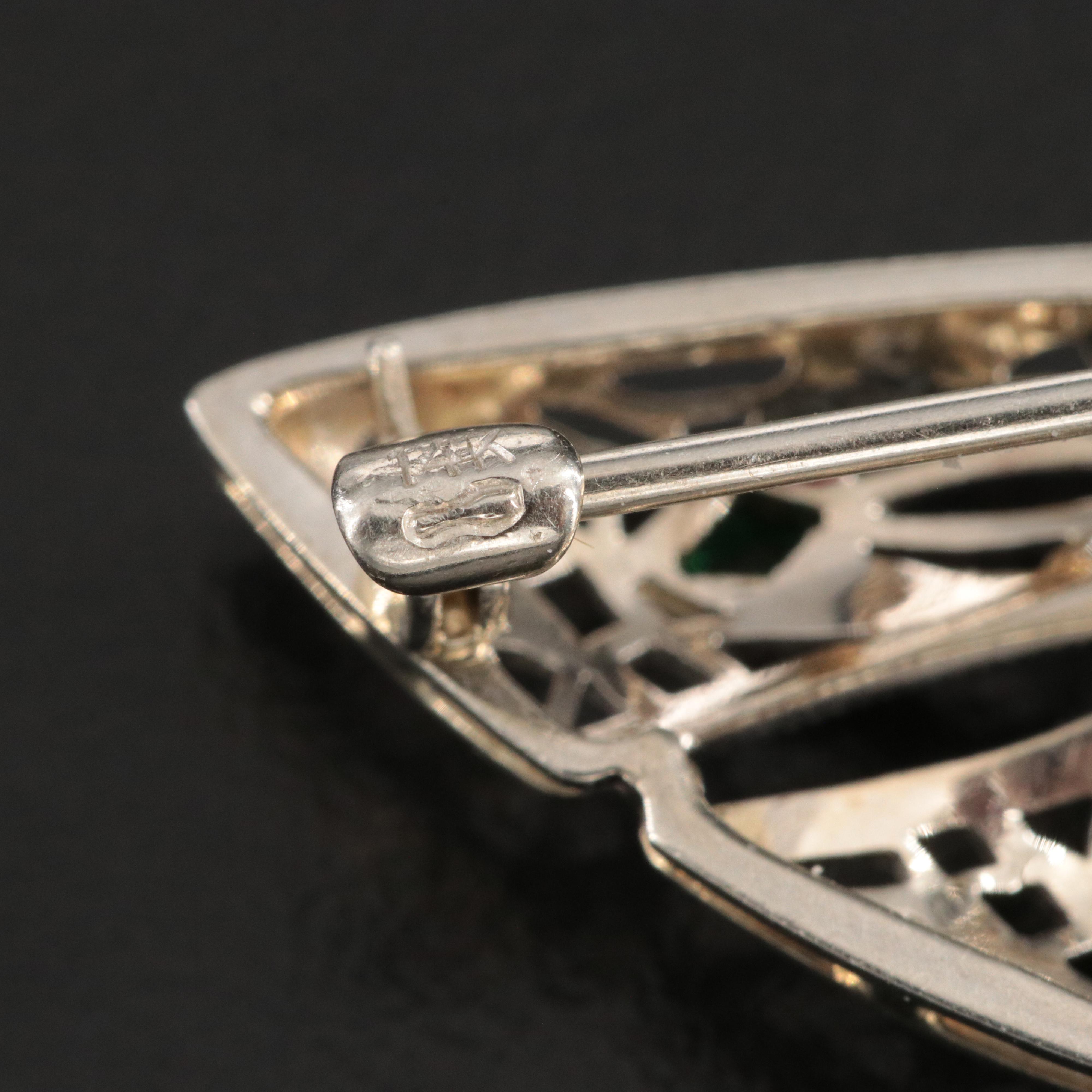 Art Deco 14K Diamond and Glass Ribbon Brooch with Platinum Front