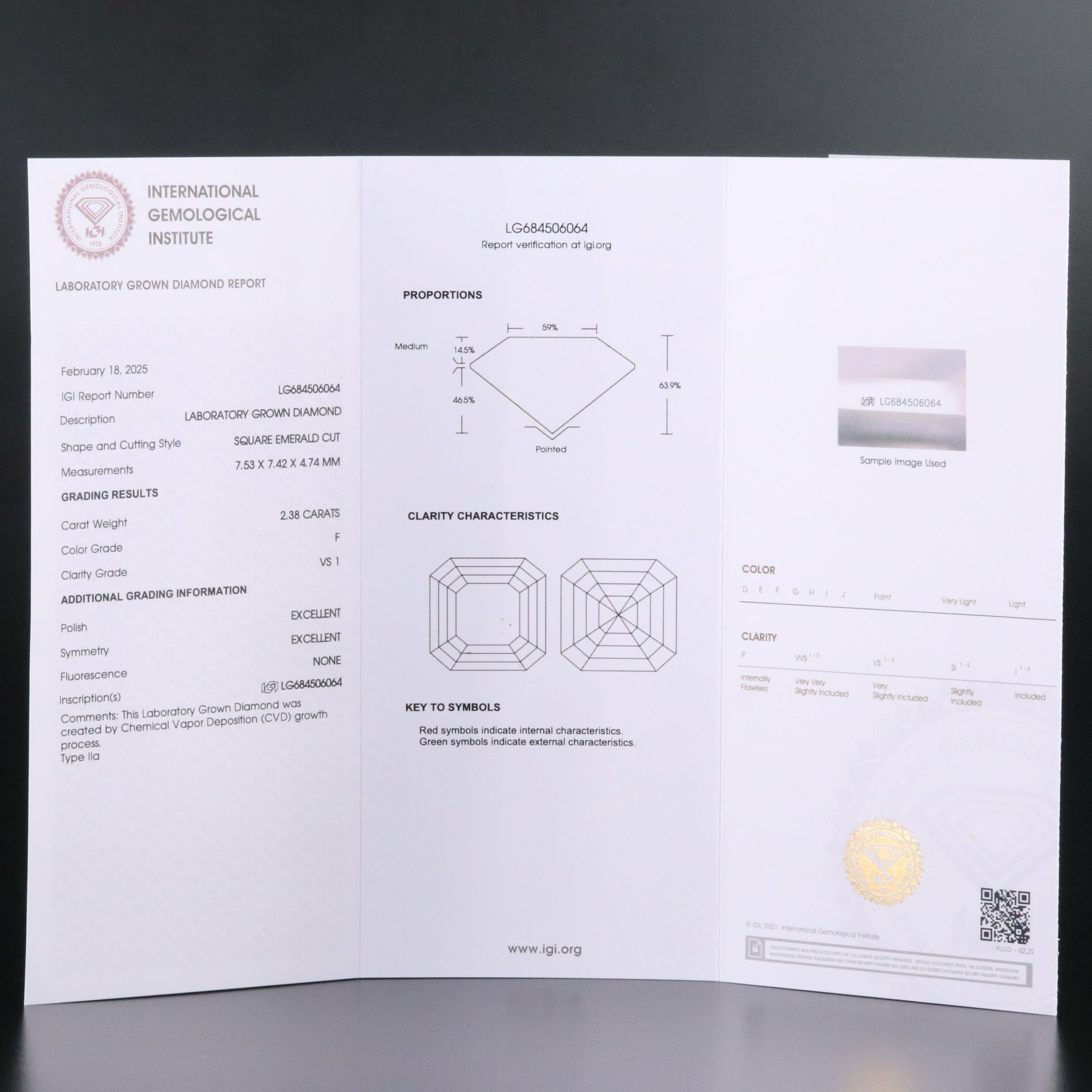 Loose 2.38 CT Lab Grown Diamond with IGI Report