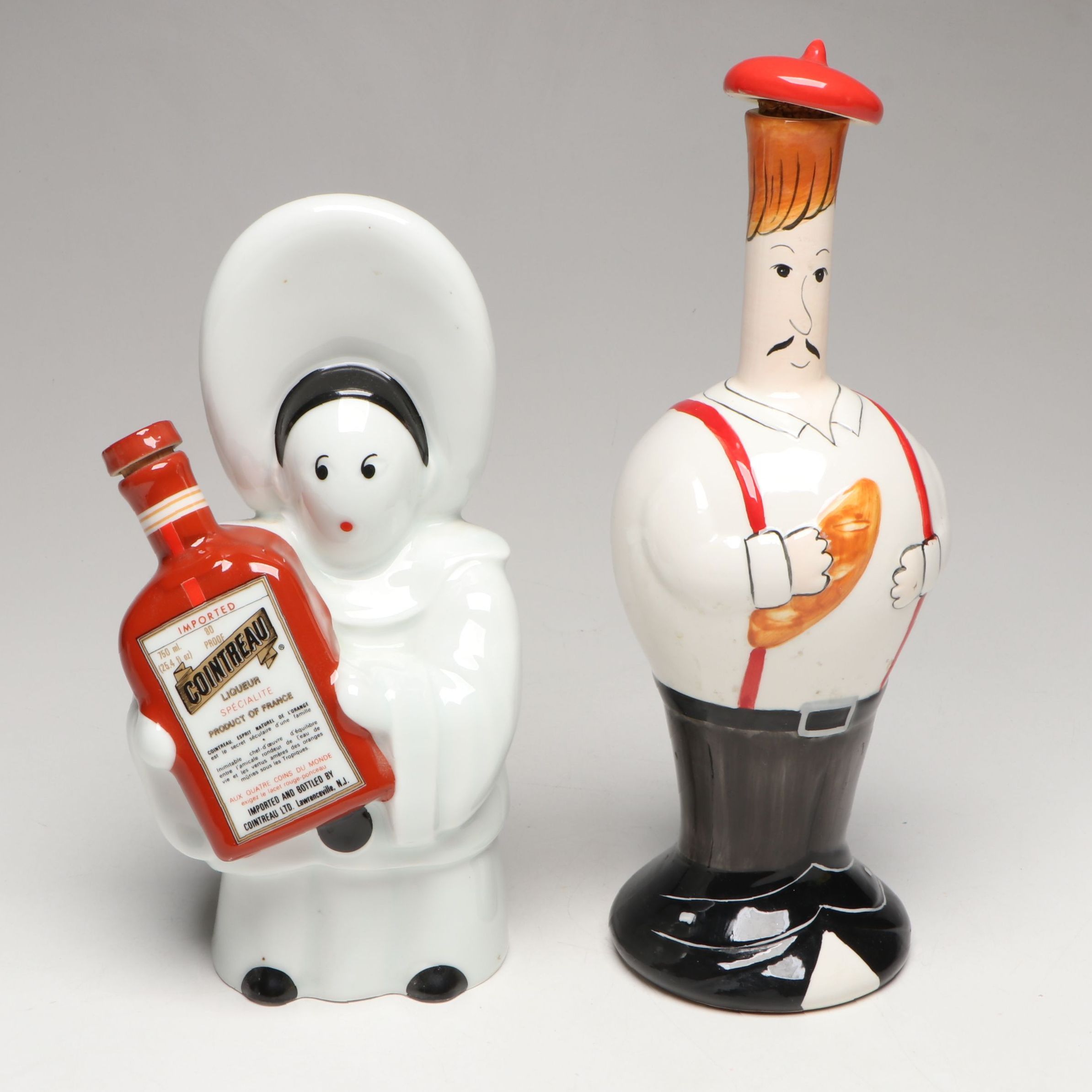 Limoges Cointreau Pierrot and Boston Warehouse Figural Ceramic Decanters