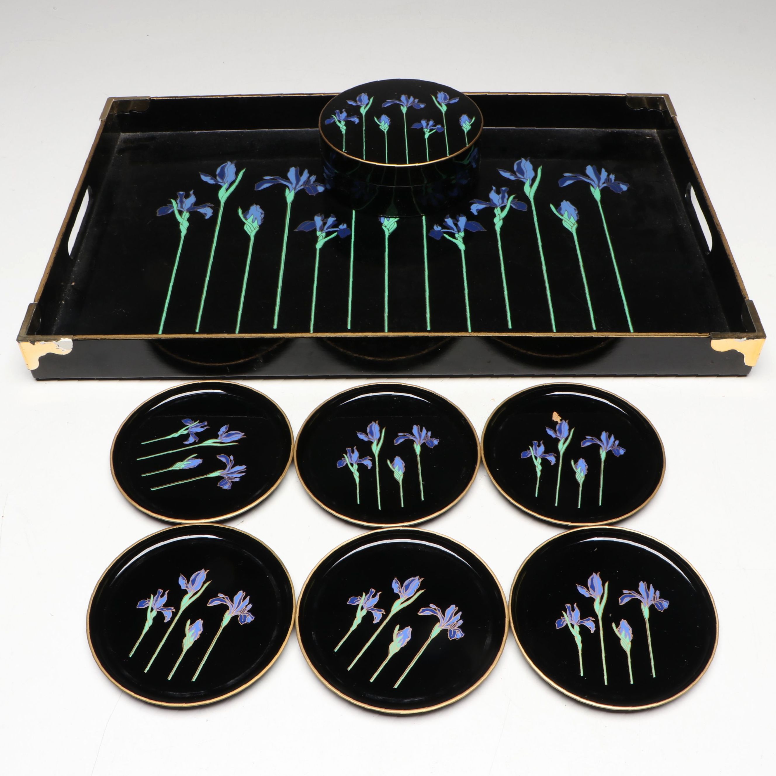Otagiri Japanese Lacquerware "Blue Iris" Tray and Coasters