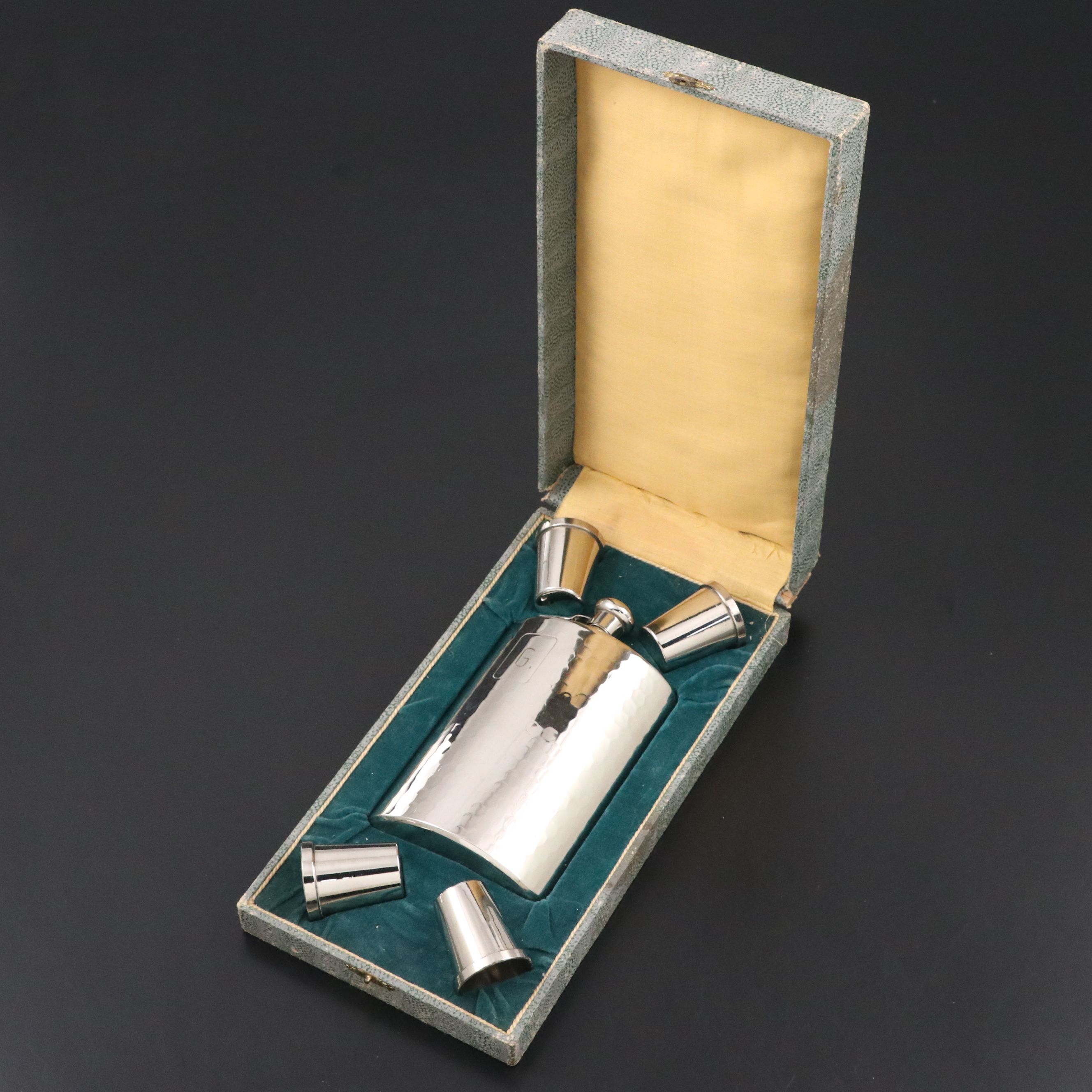 German Hammered Metal Flask and Shot Glasses