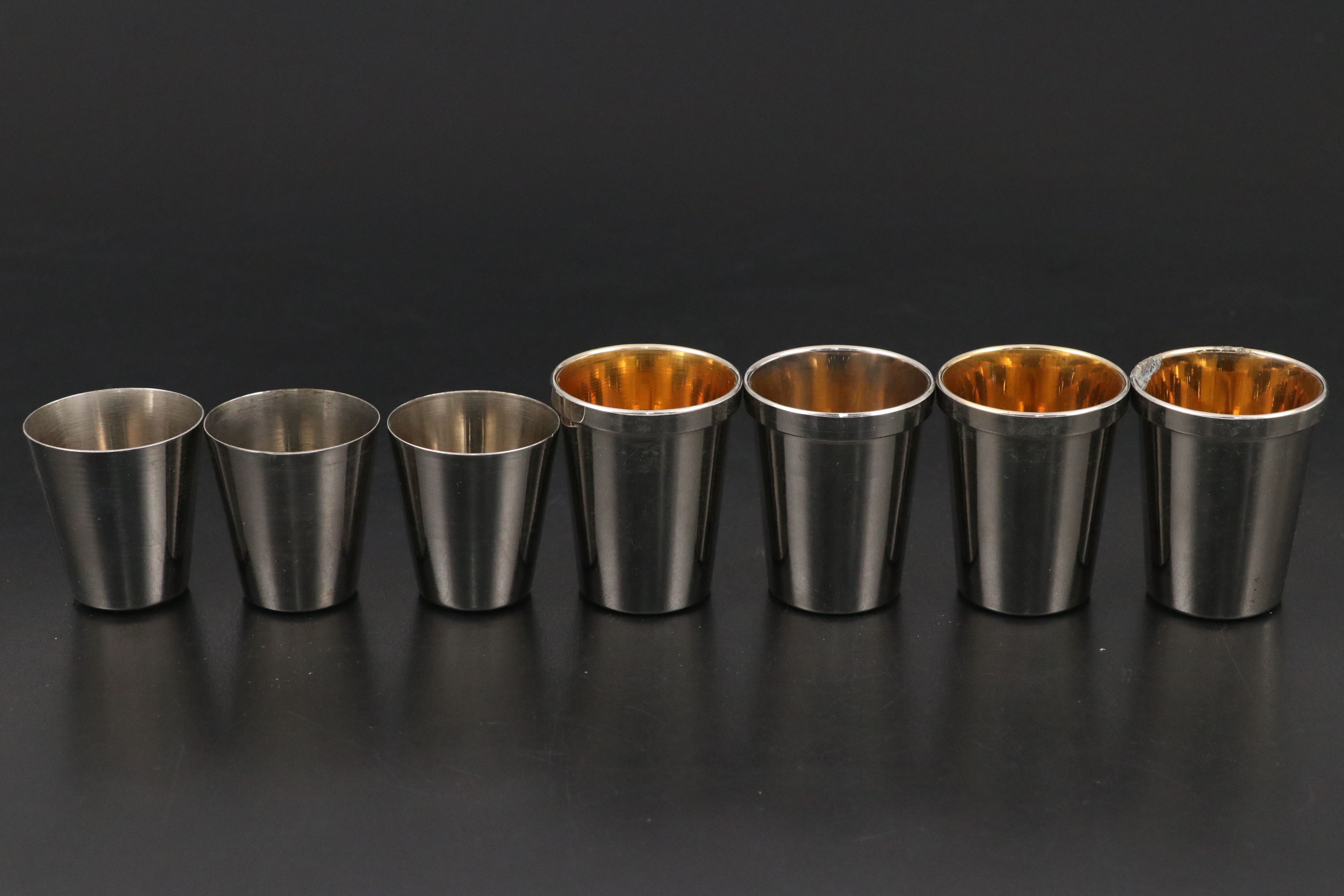 German Hammered Metal Flask and Shot Glasses