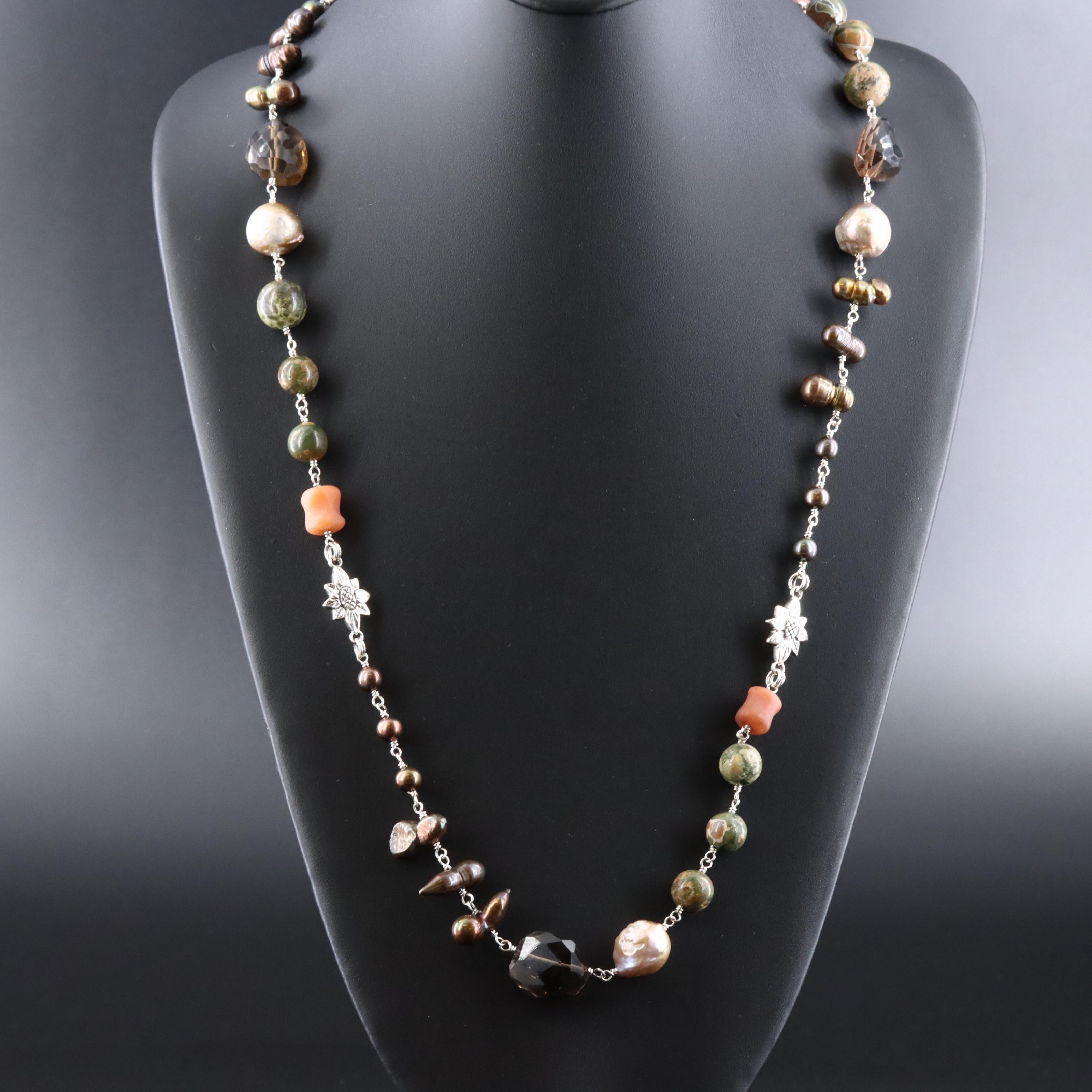 Stephen Dweck "TerrAquatic" Sterling Necklace with Pearl, Agate and Smoky Quartz