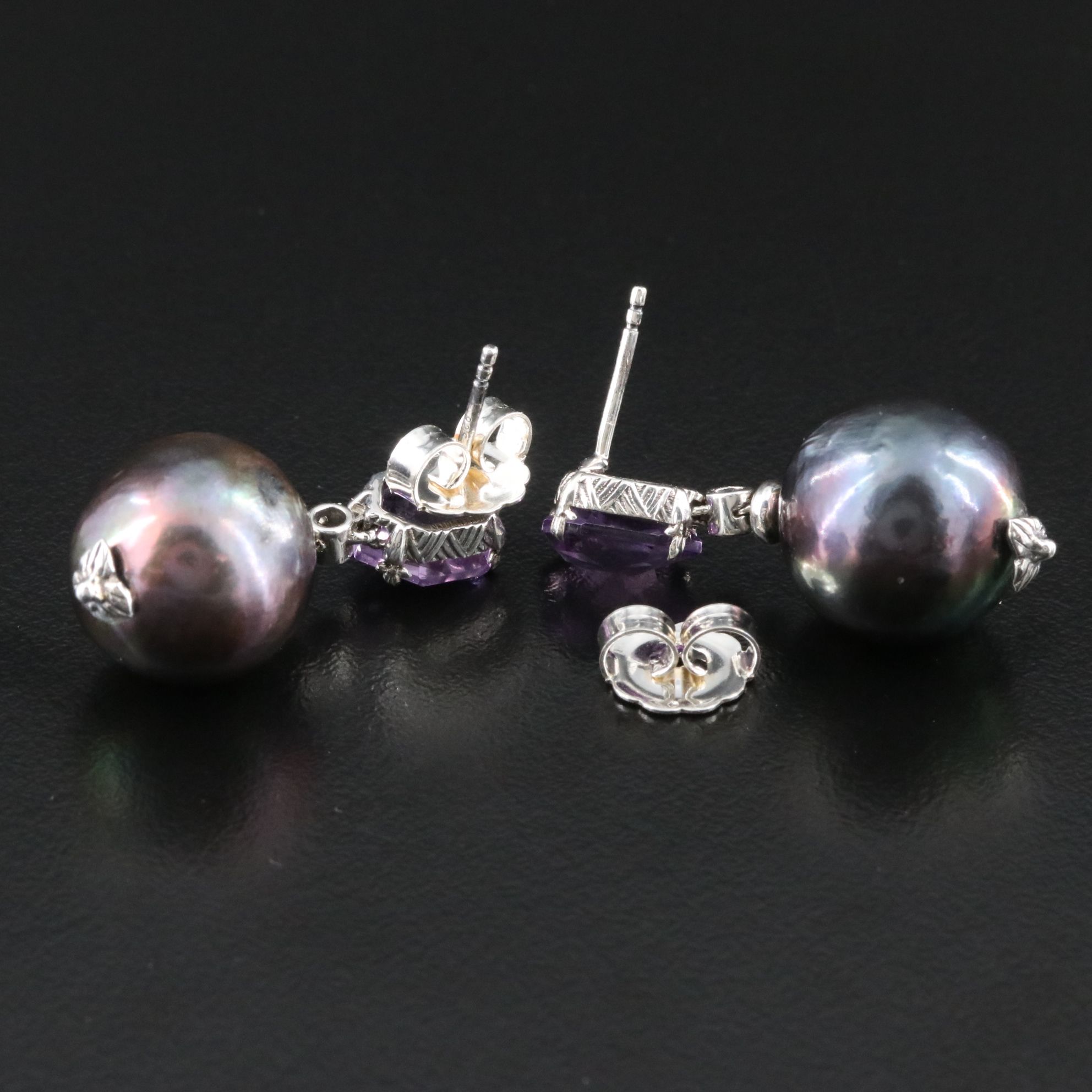Stephen Dweck Sterling Pearl, Amethyst and Diamond Earrings