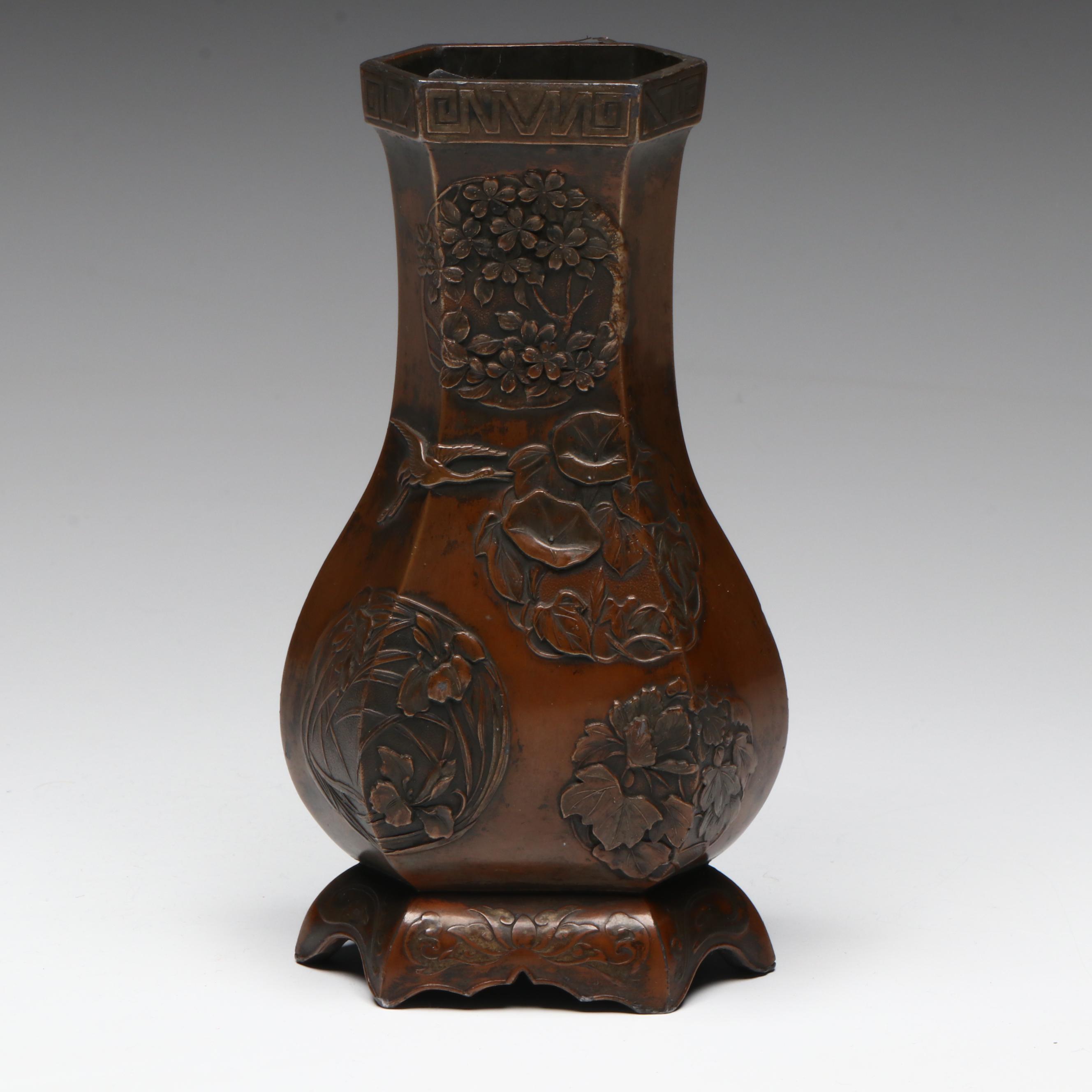 Antique Japanese Meiji Bronze Hexagonal Hu Form Vase