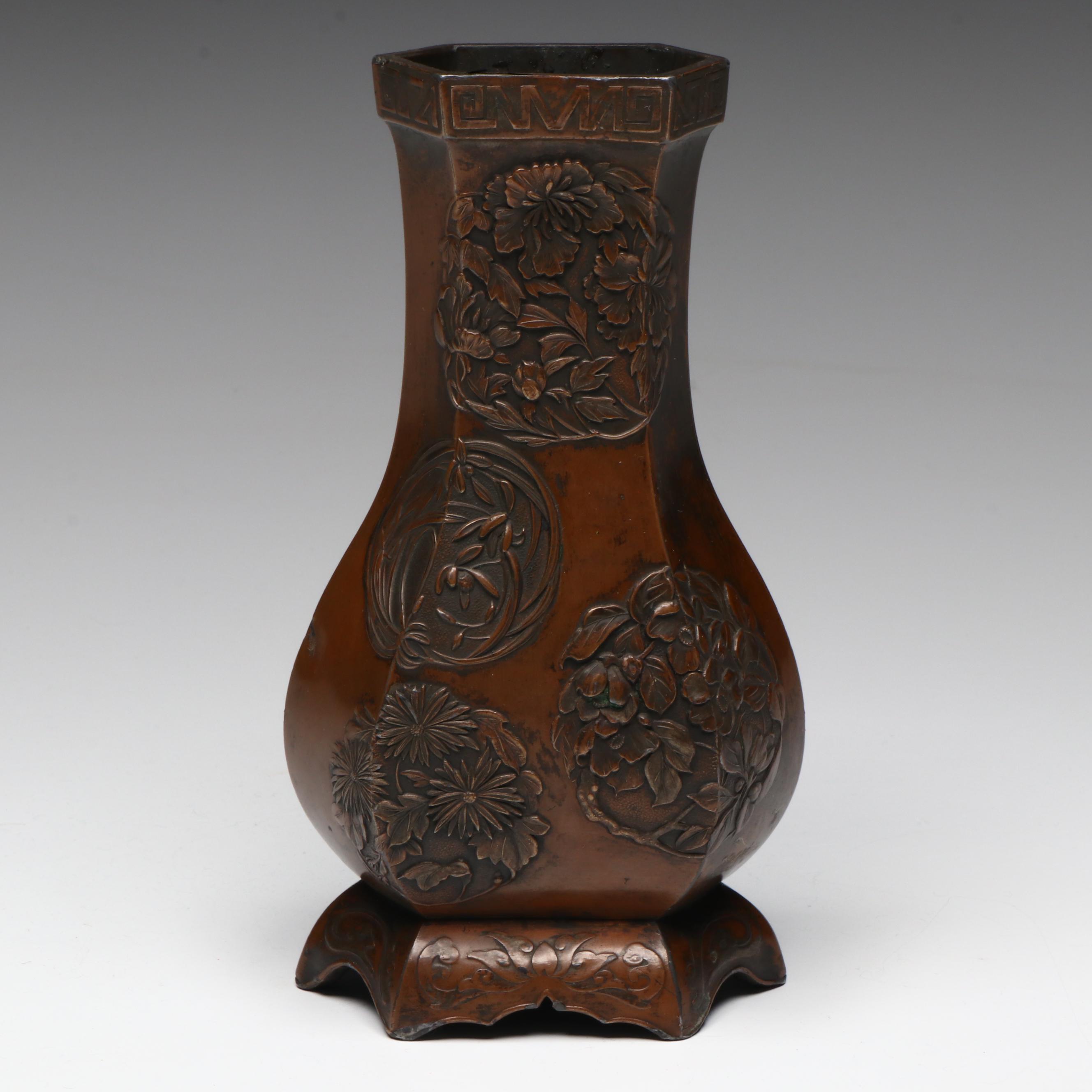 Antique Japanese Meiji Bronze Hexagonal Hu Form Vase