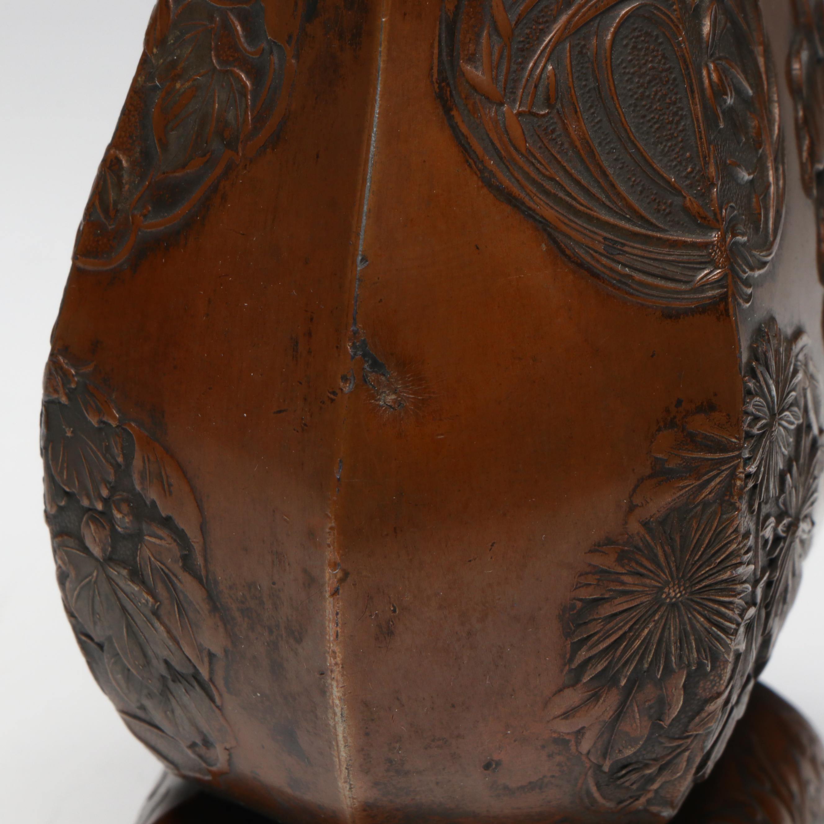 Antique Japanese Meiji Bronze Hexagonal Hu Form Vase