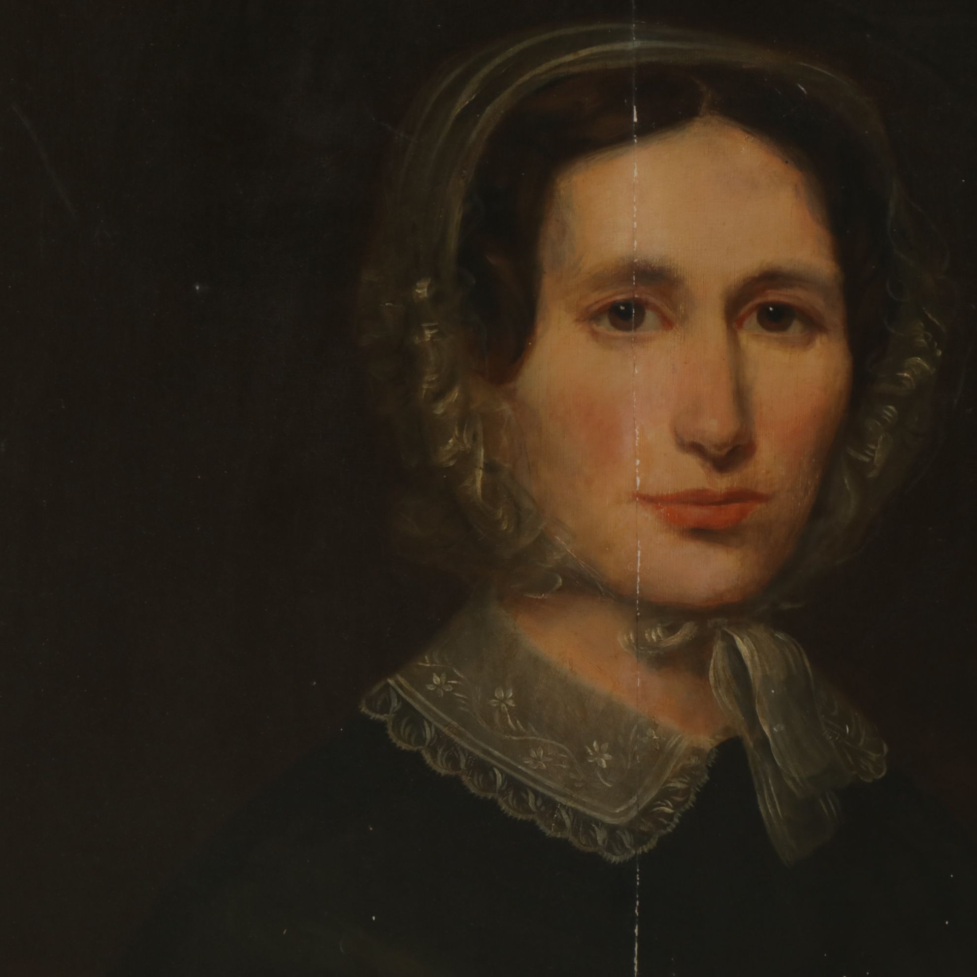 American School Portrait Oil Painting of Seated Woman with a Bonnet