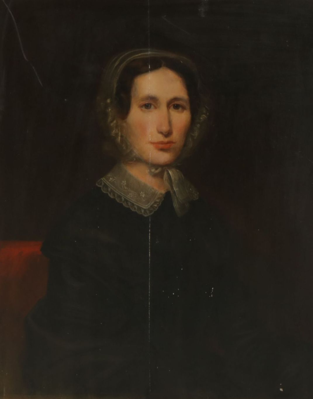 American School Portrait Oil Painting of Seated Woman with a Bonnet