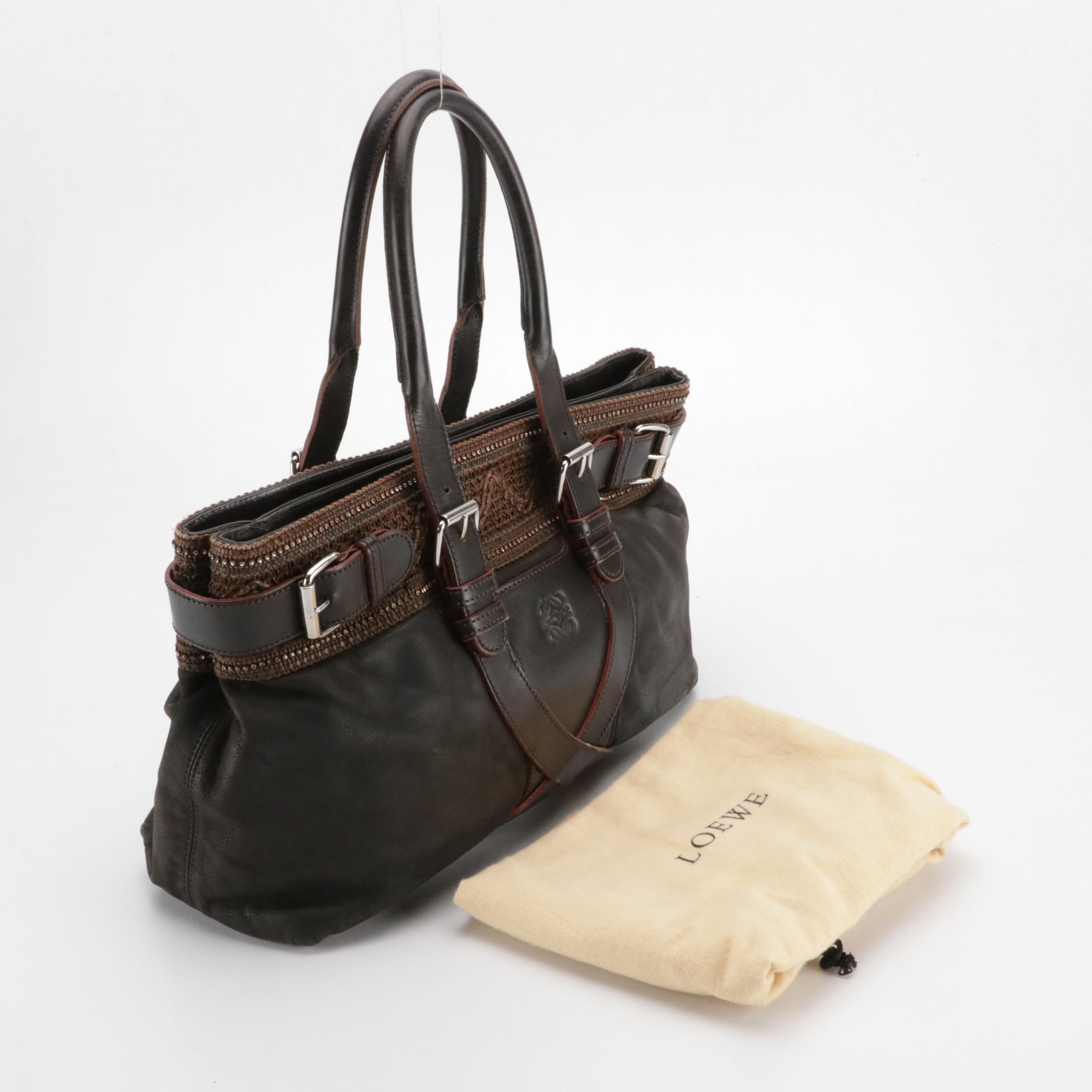 Loewe Belt Satchel in Brown Calfskin with Rhinestone Embellished Crochet Trim