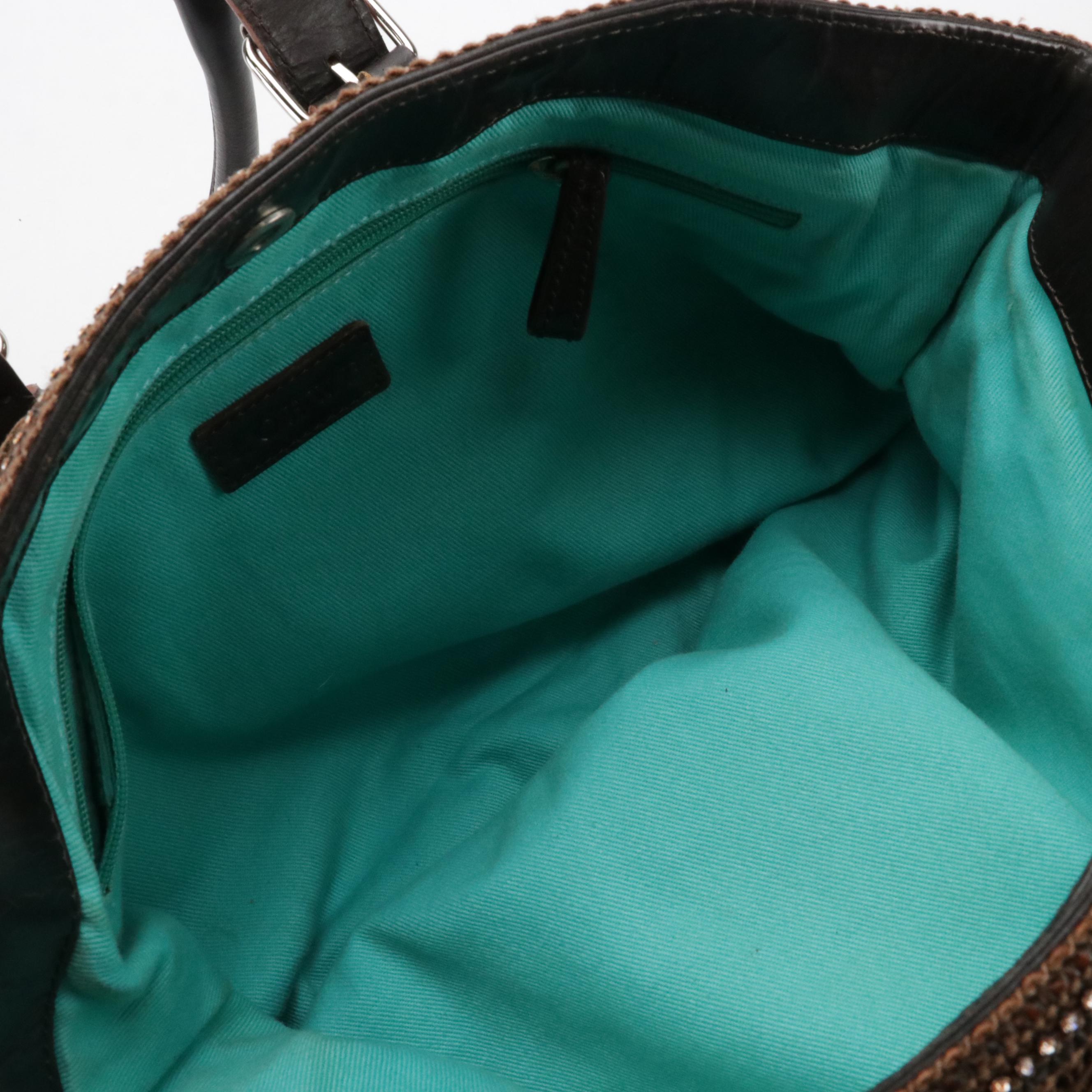 Loewe Belt Satchel in Brown Calfskin with Rhinestone Embellished Crochet Trim