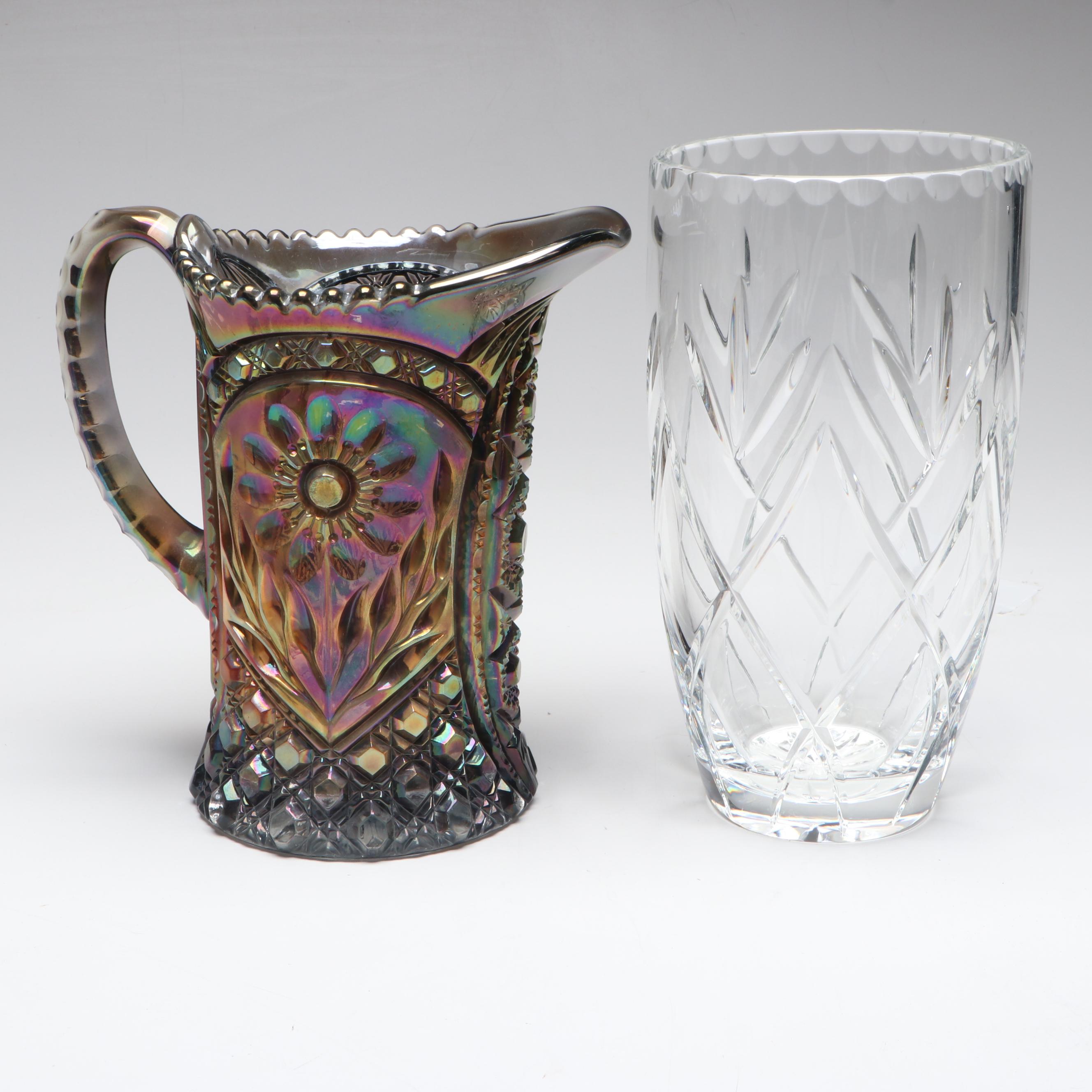 Imperial Carnival Glass "Mayflower" Pitcher with Crystal Vase and Other Décor