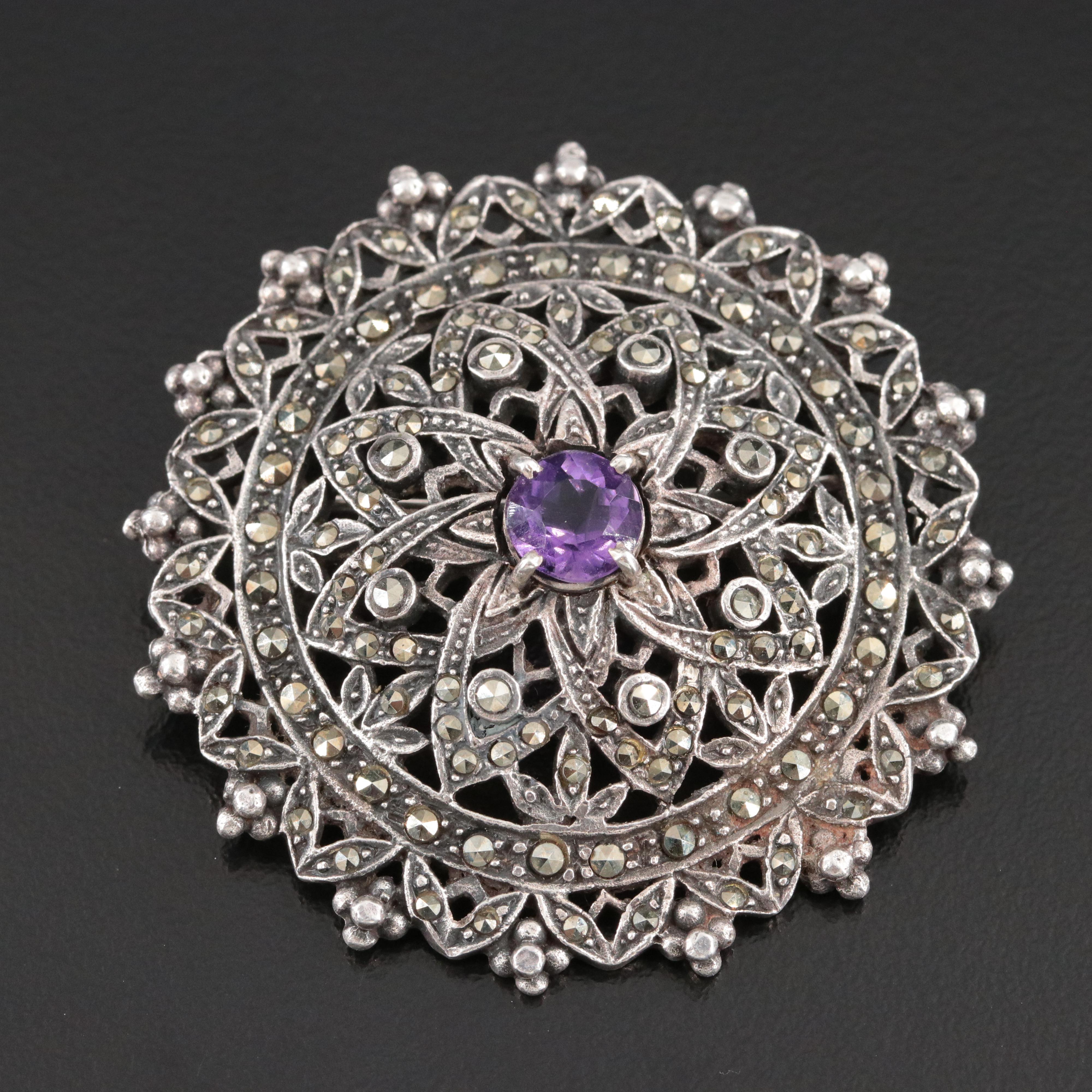 Sterling Amethyst and Marcasite Flower Brooch