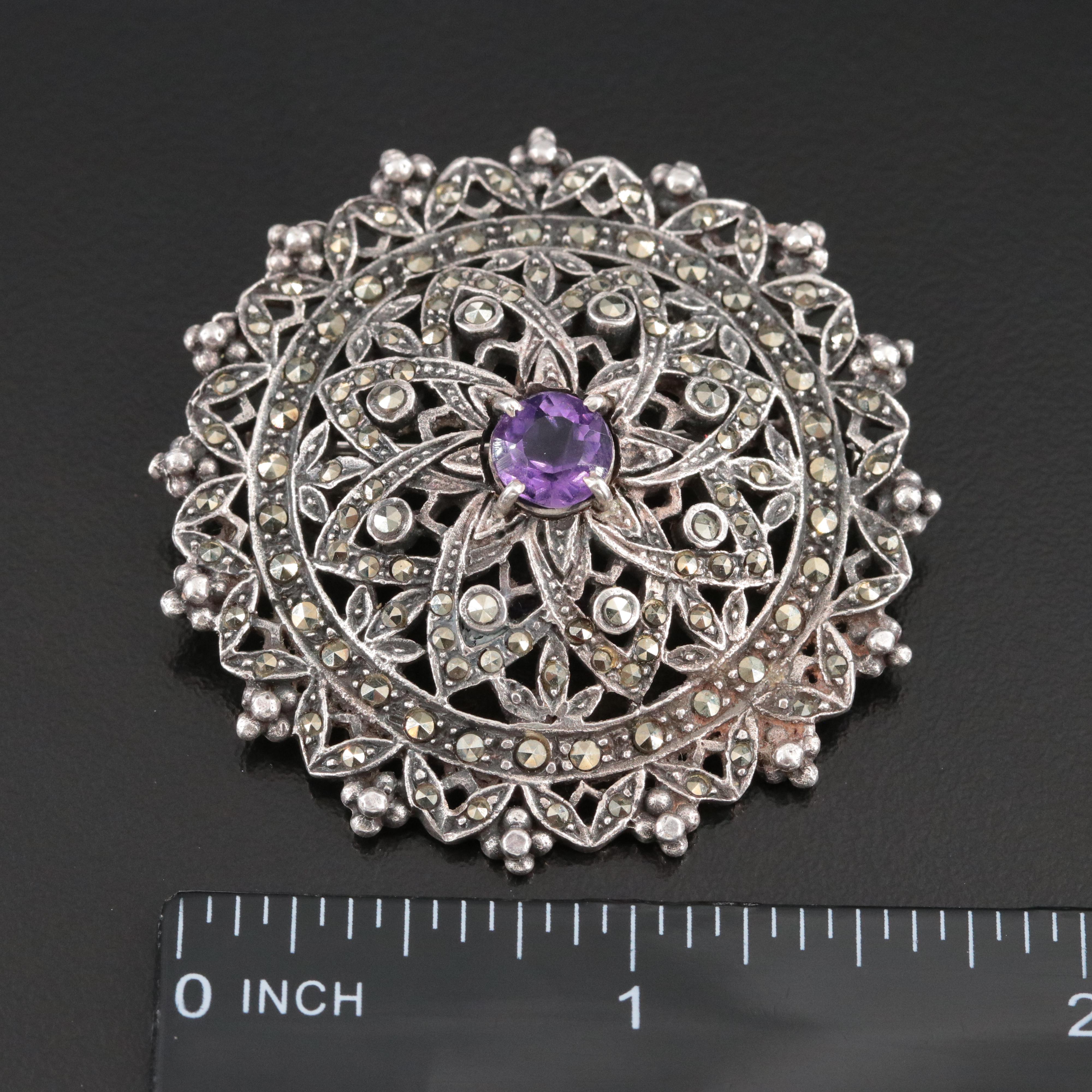 Sterling Amethyst and Marcasite Flower Brooch