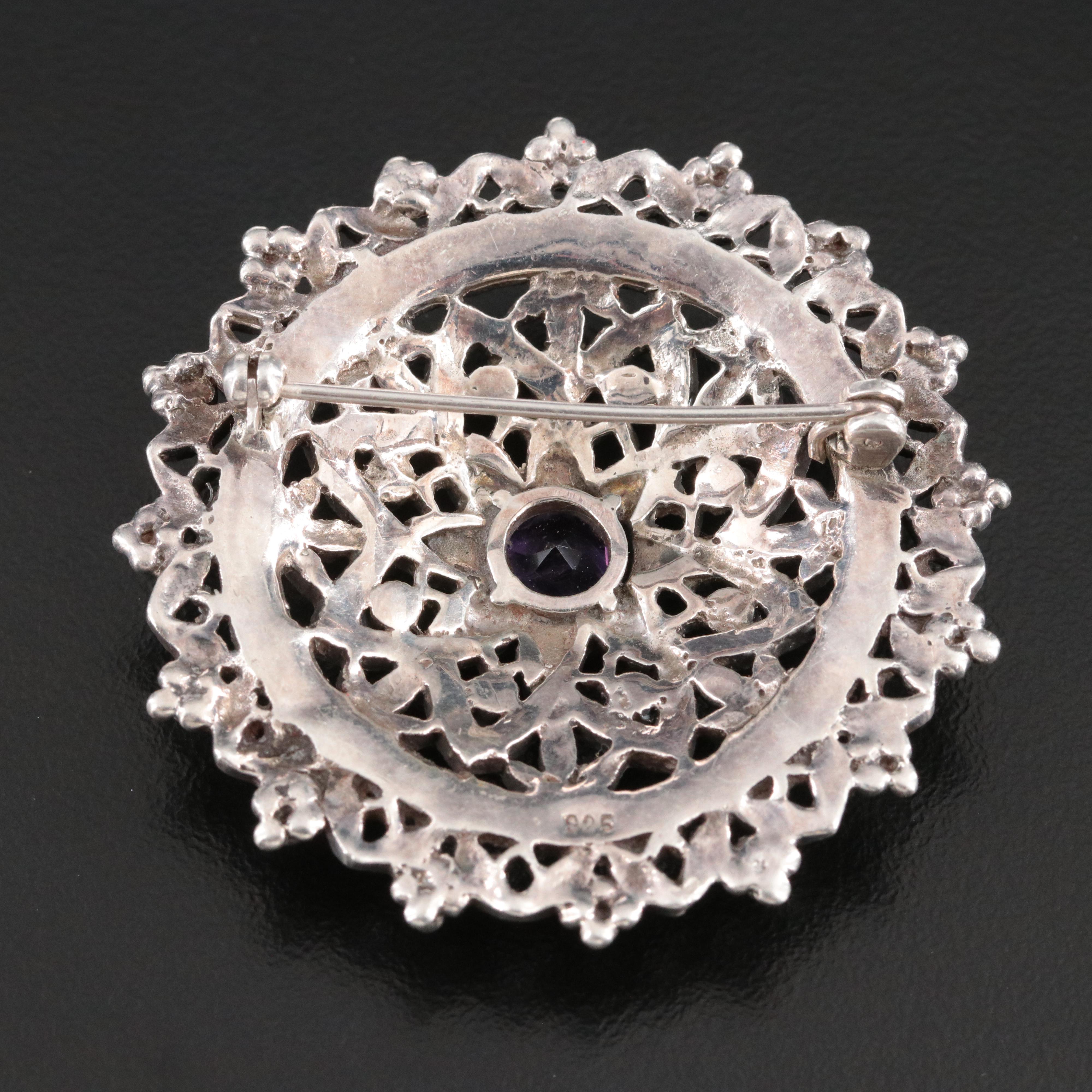 Sterling Amethyst and Marcasite Flower Brooch