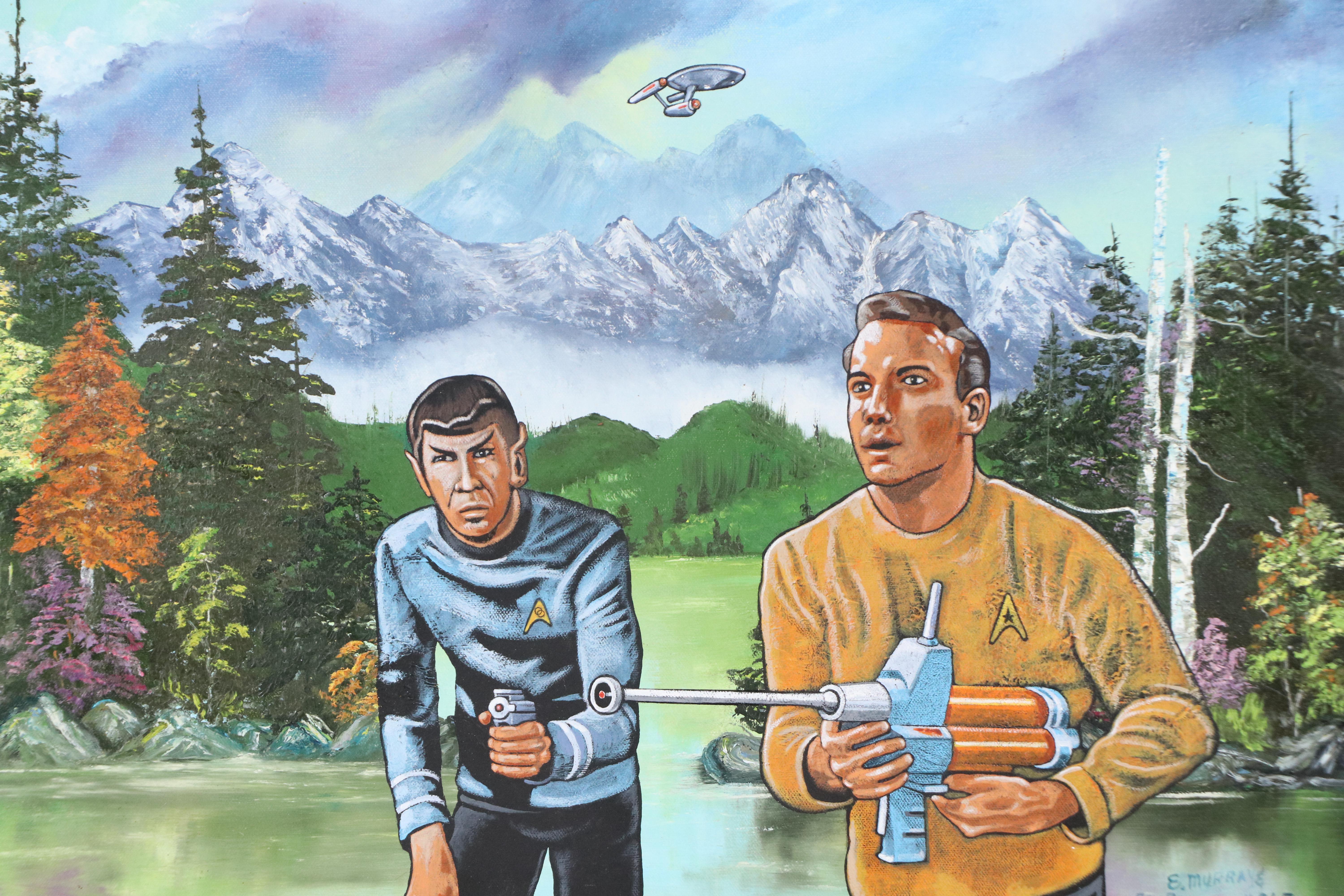 Ron Brannon Acrylic Painting of Star Trek Characters Over Found Landscape, 2025