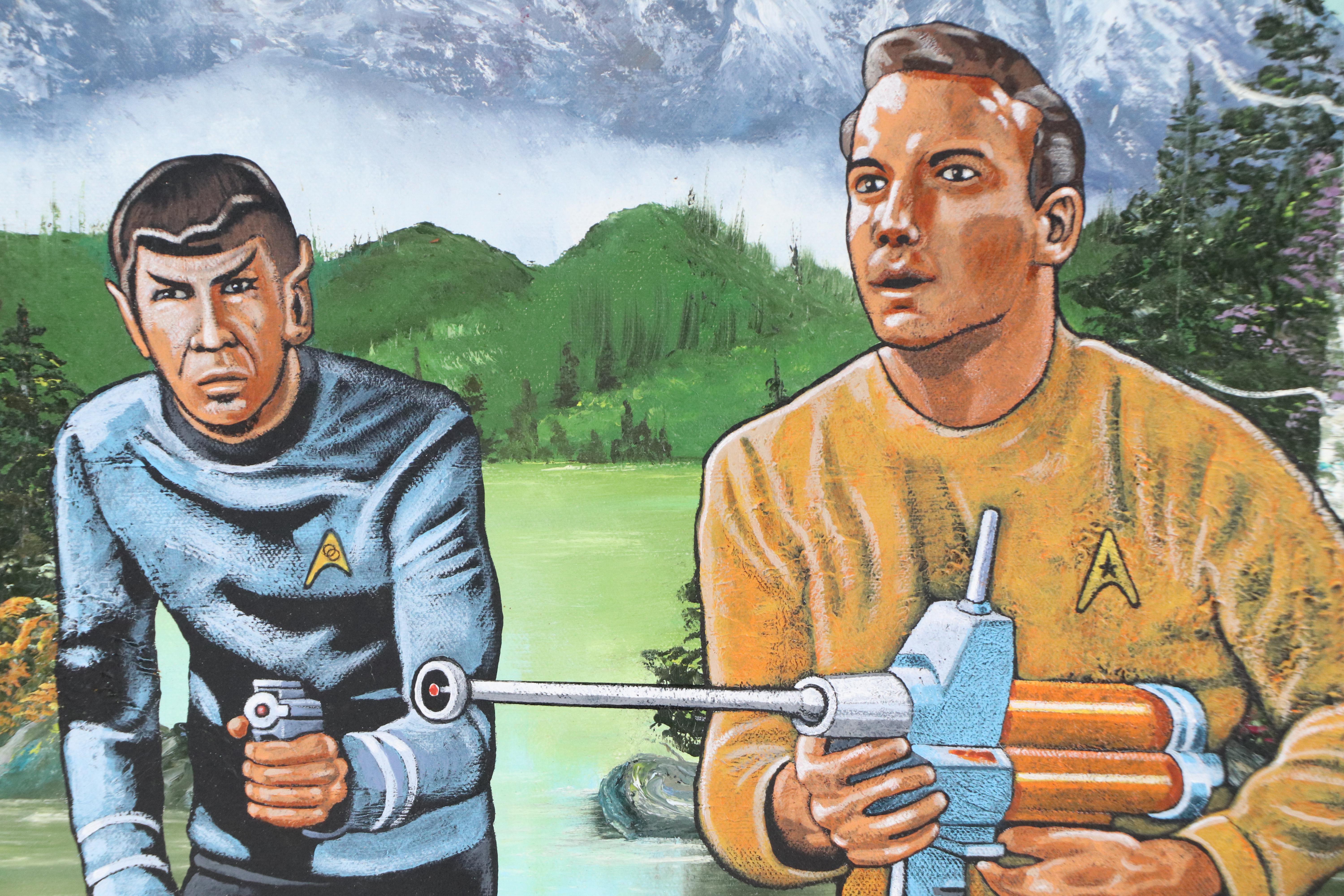 Ron Brannon Acrylic Painting of Star Trek Characters Over Found Landscape, 2025