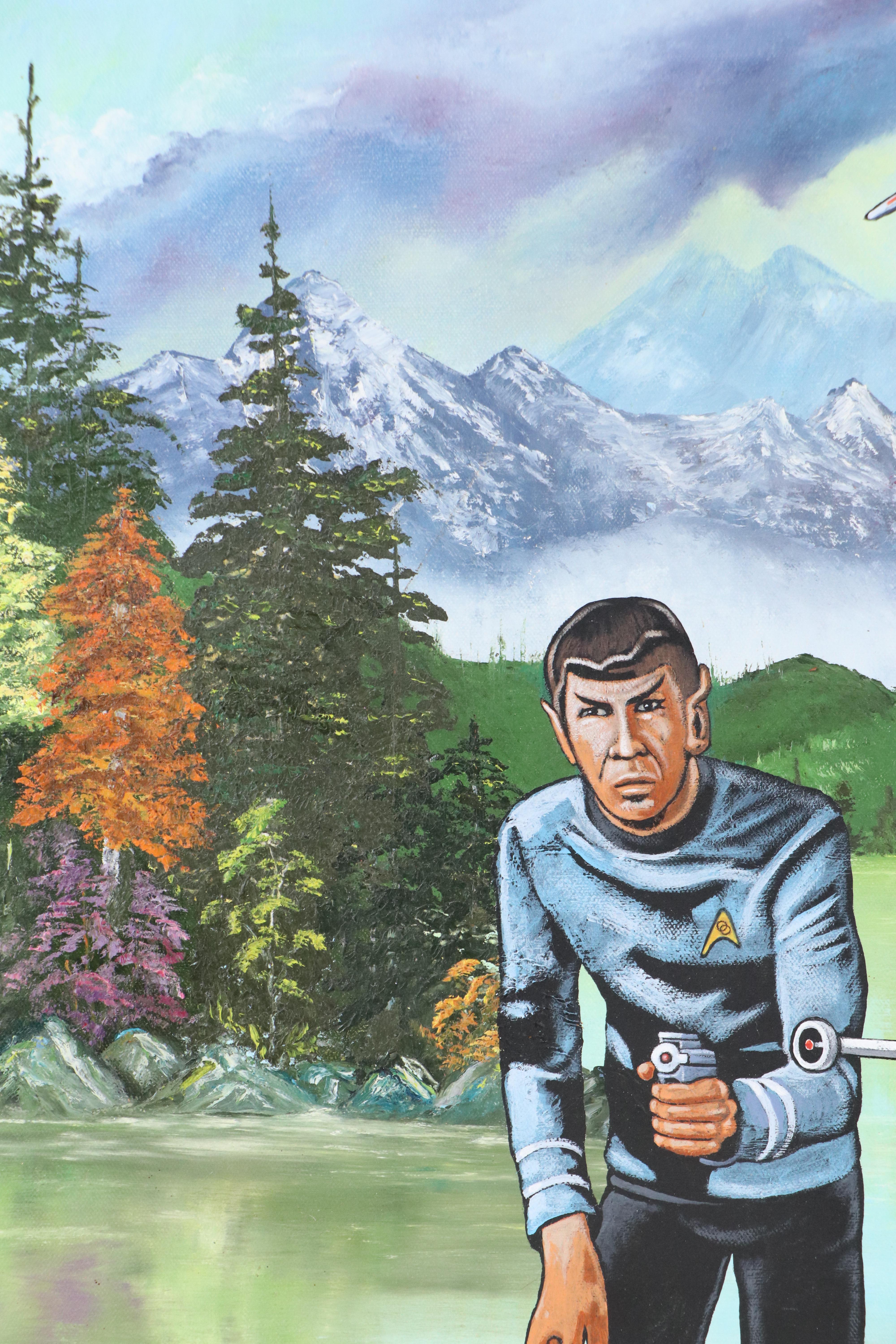 Ron Brannon Acrylic Painting of Star Trek Characters Over Found Landscape, 2025