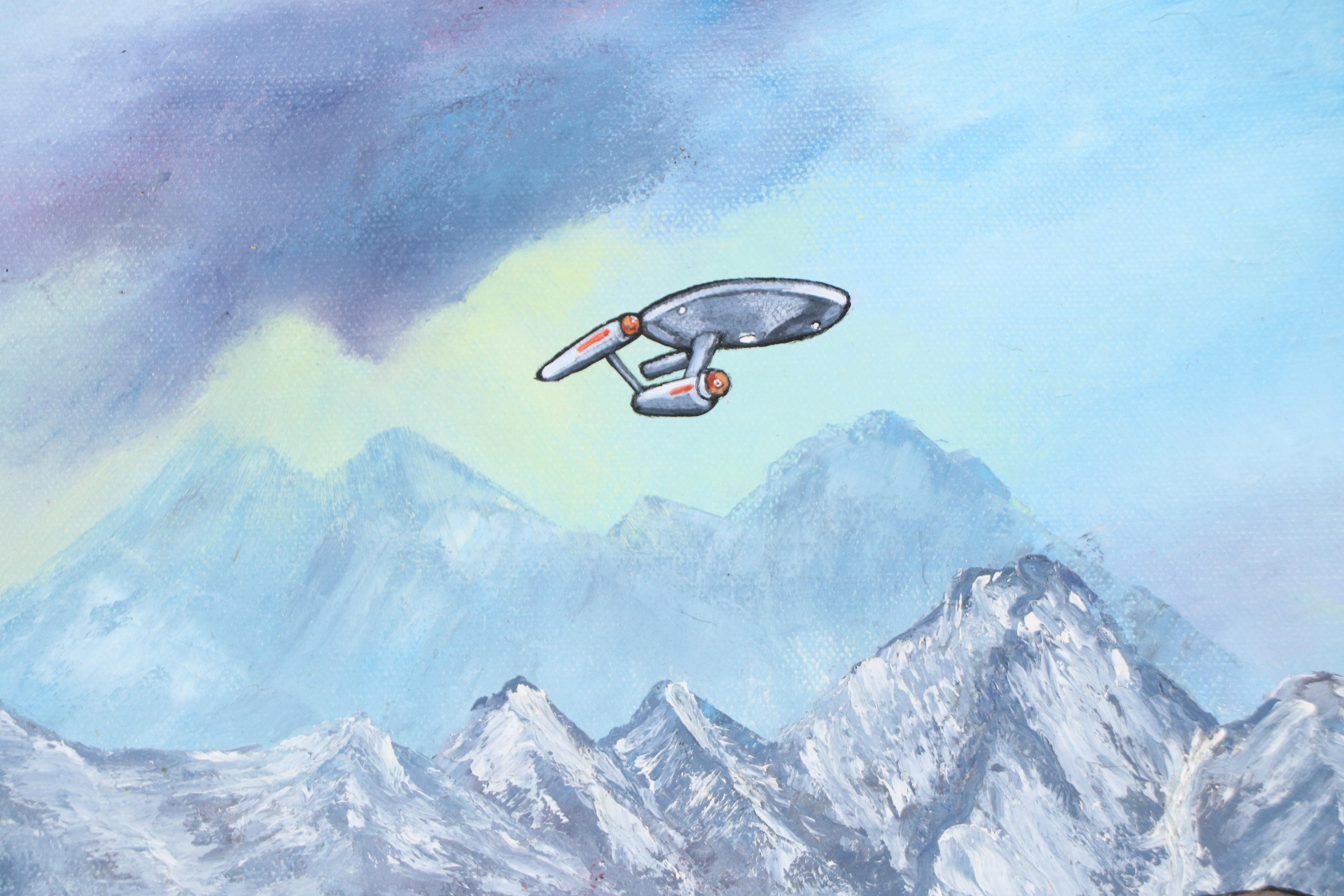Ron Brannon Acrylic Painting of Star Trek Characters Over Found Landscape, 2025