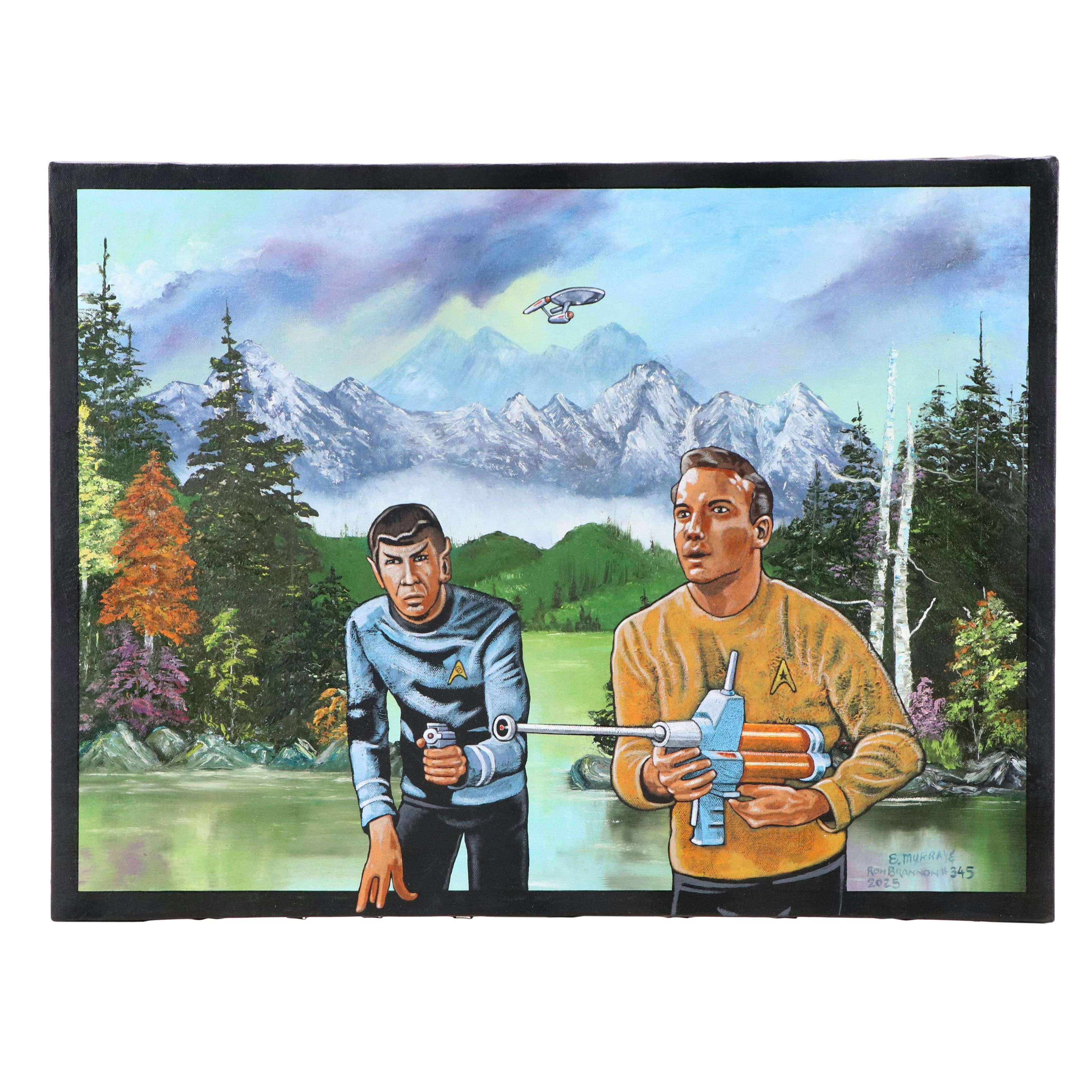 Ron Brannon Acrylic Painting of Star Trek Characters Over Found Landscape, 2025