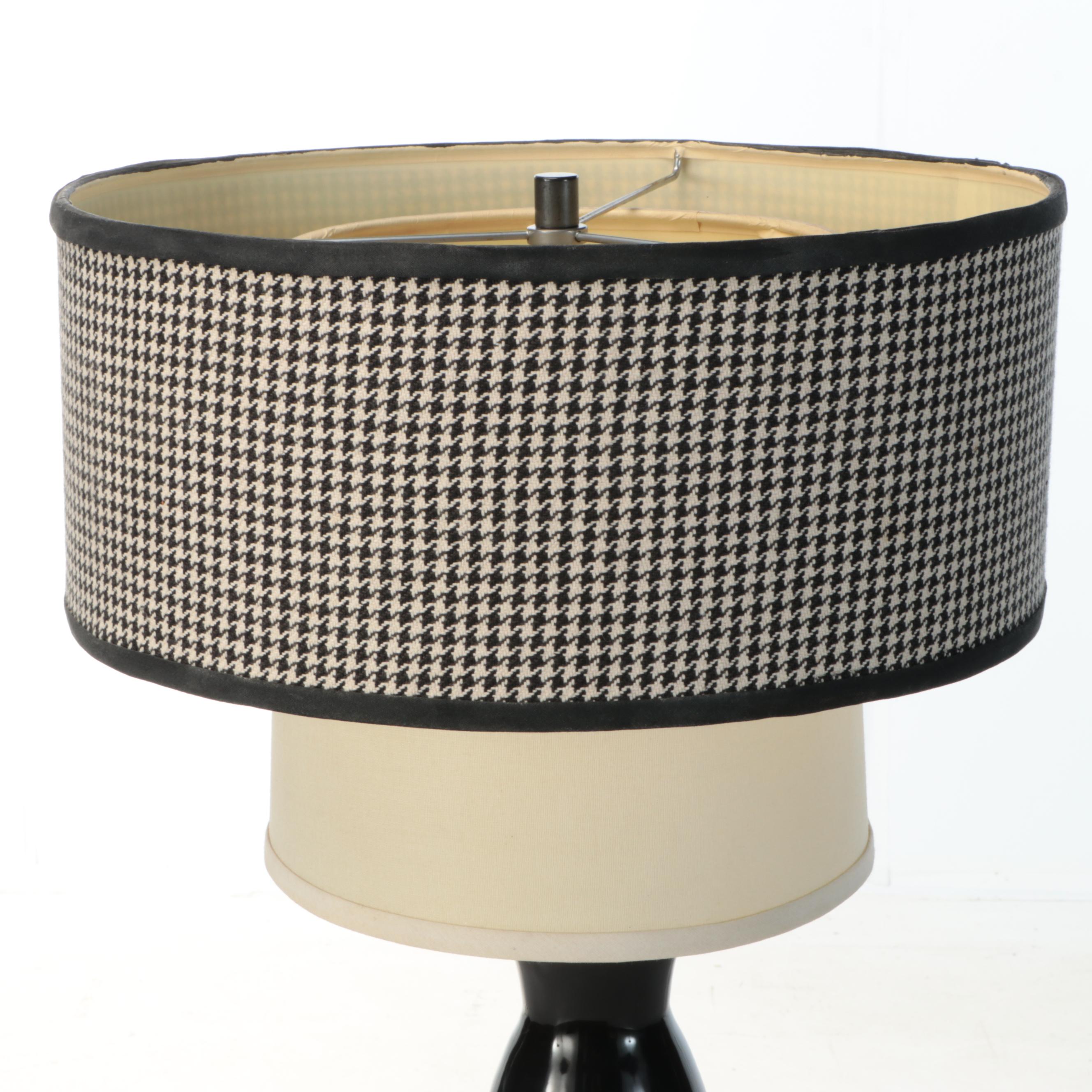 Contemporary Ceramic Gourd Table Lamp with Houndstooth and White Double Shade