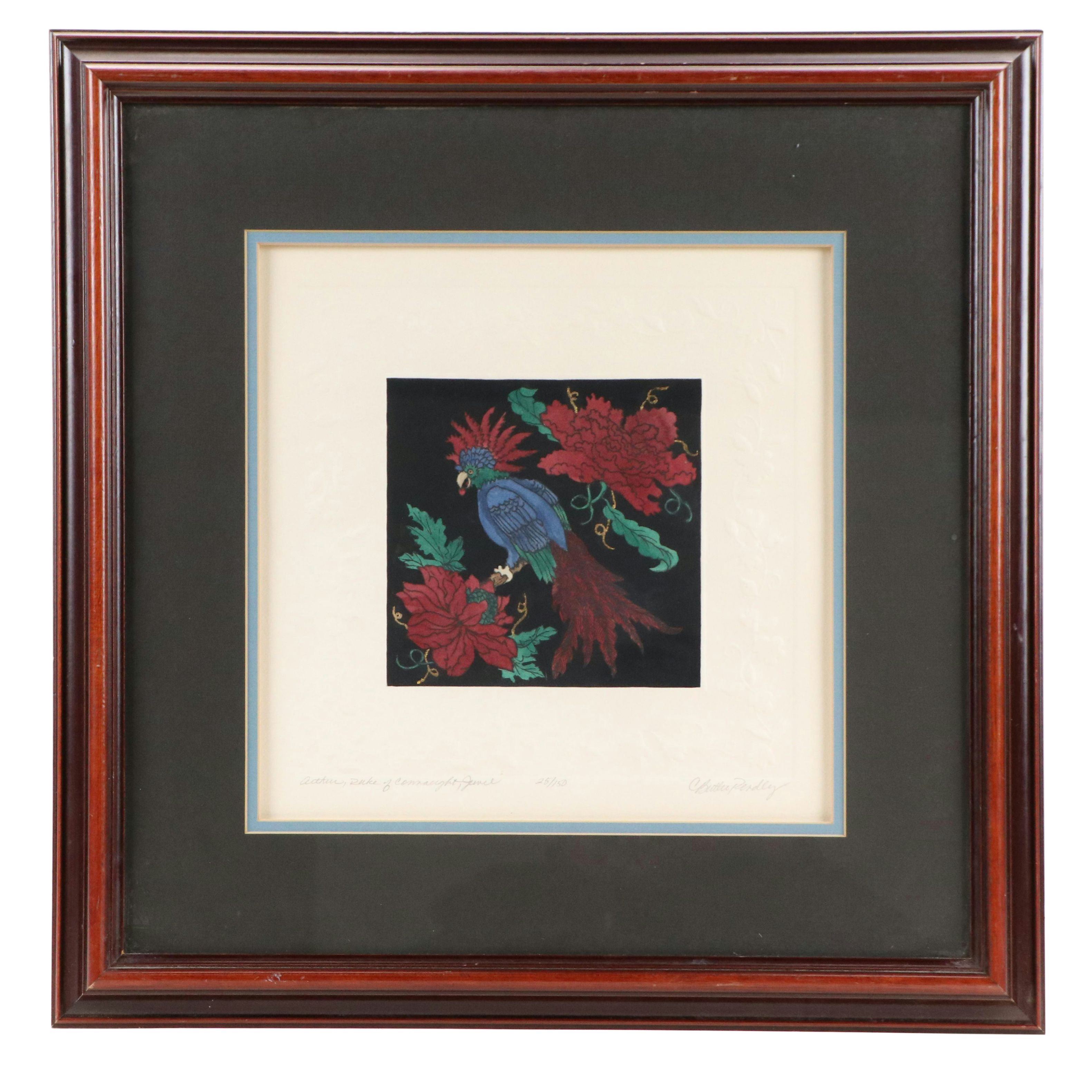 C. Butler Pendley Hand-Colored Etching of Exotic Bird